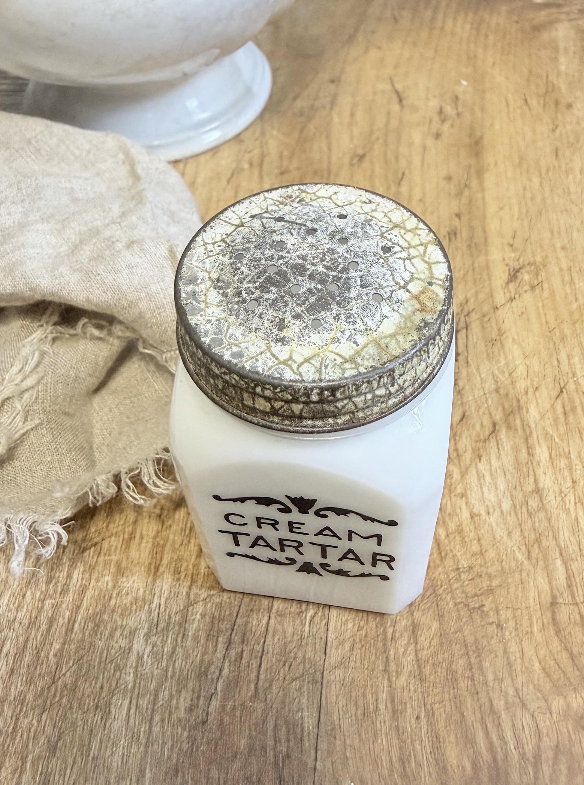 Antique Milk Glass SPICE Bottle With Lid CREAM TARTAR Farmhouse Kitchen Decor Seasoning Jar
