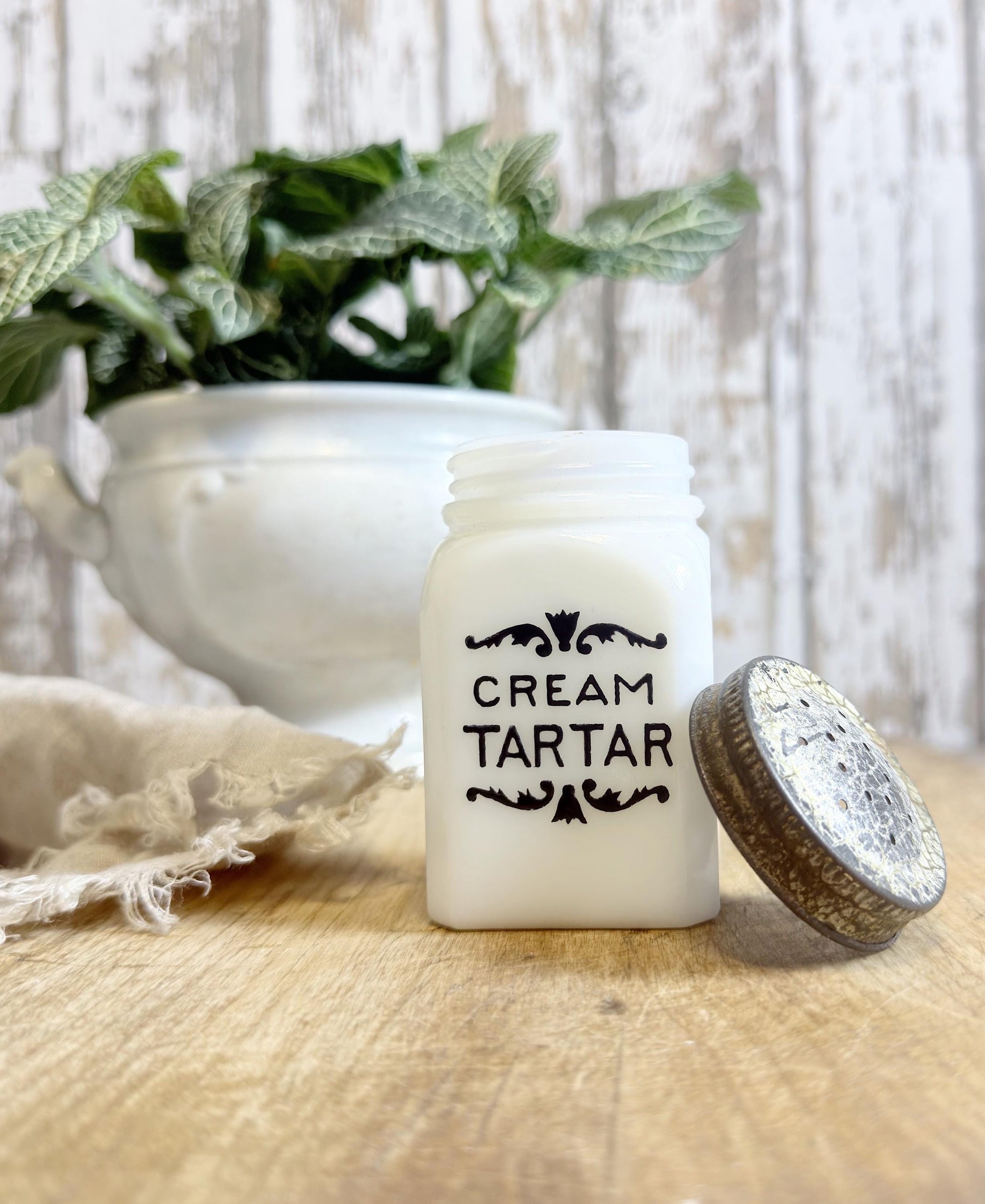 Antique Milk Glass SPICE Bottle With Lid CREAM TARTAR Farmhouse Kitchen Decor Seasoning Jar
