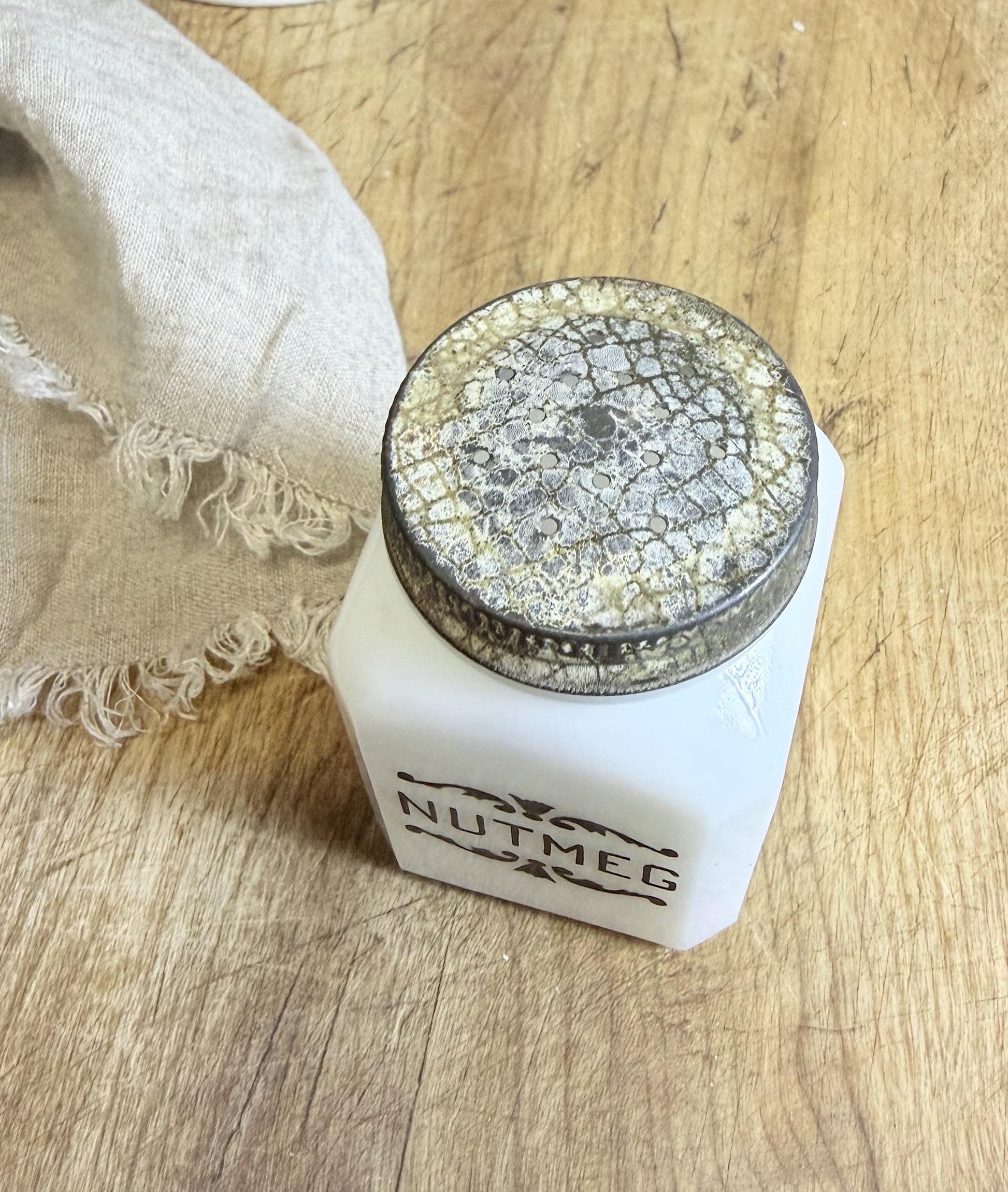 Antique Milk Glass SPICE Bottle With Lid NUTMEG Farmhouse Kitchen Decor Seasoning Jar