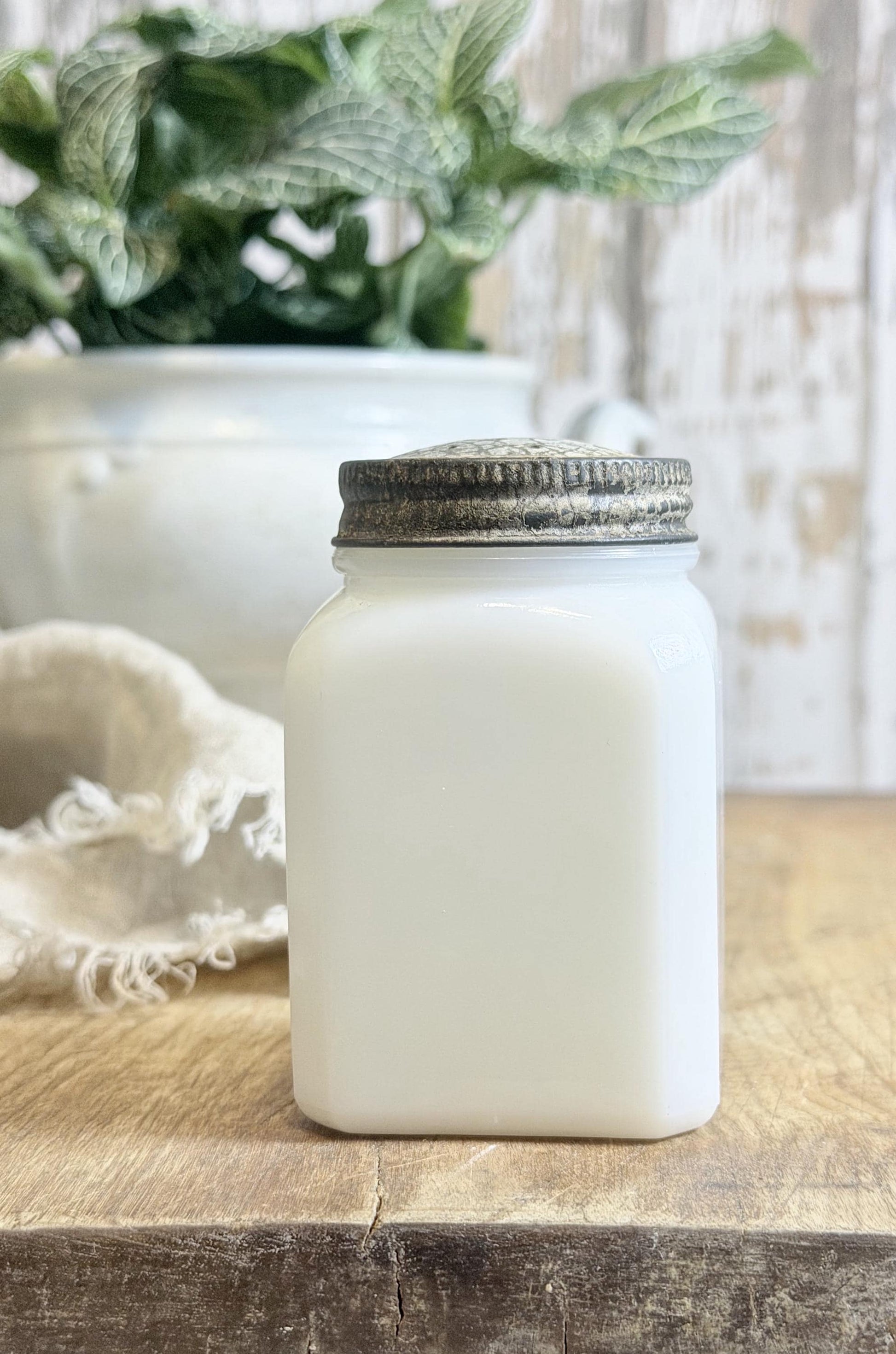 Antique Milk Glass SPICE Bottle With Lid NUTMEG Farmhouse Kitchen Decor Seasoning Jar