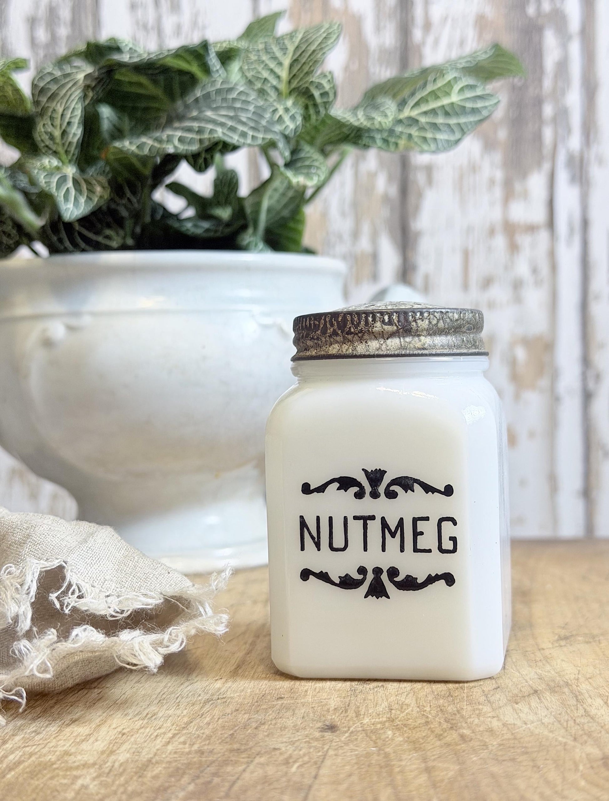 Antique Milk Glass SPICE Bottle With Lid NUTMEG Farmhouse Kitchen Decor Seasoning Jar