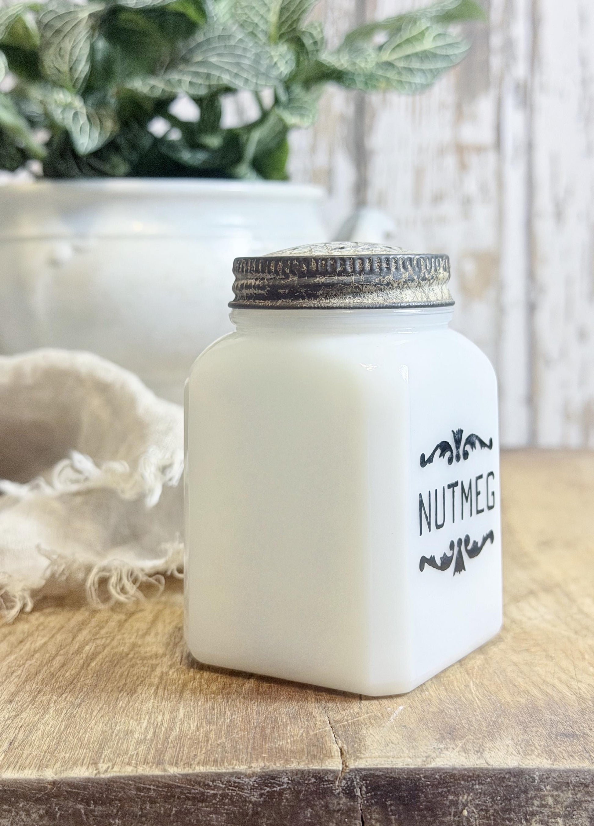Antique Milk Glass SPICE Bottle With Lid NUTMEG Farmhouse Kitchen Decor Seasoning Jar