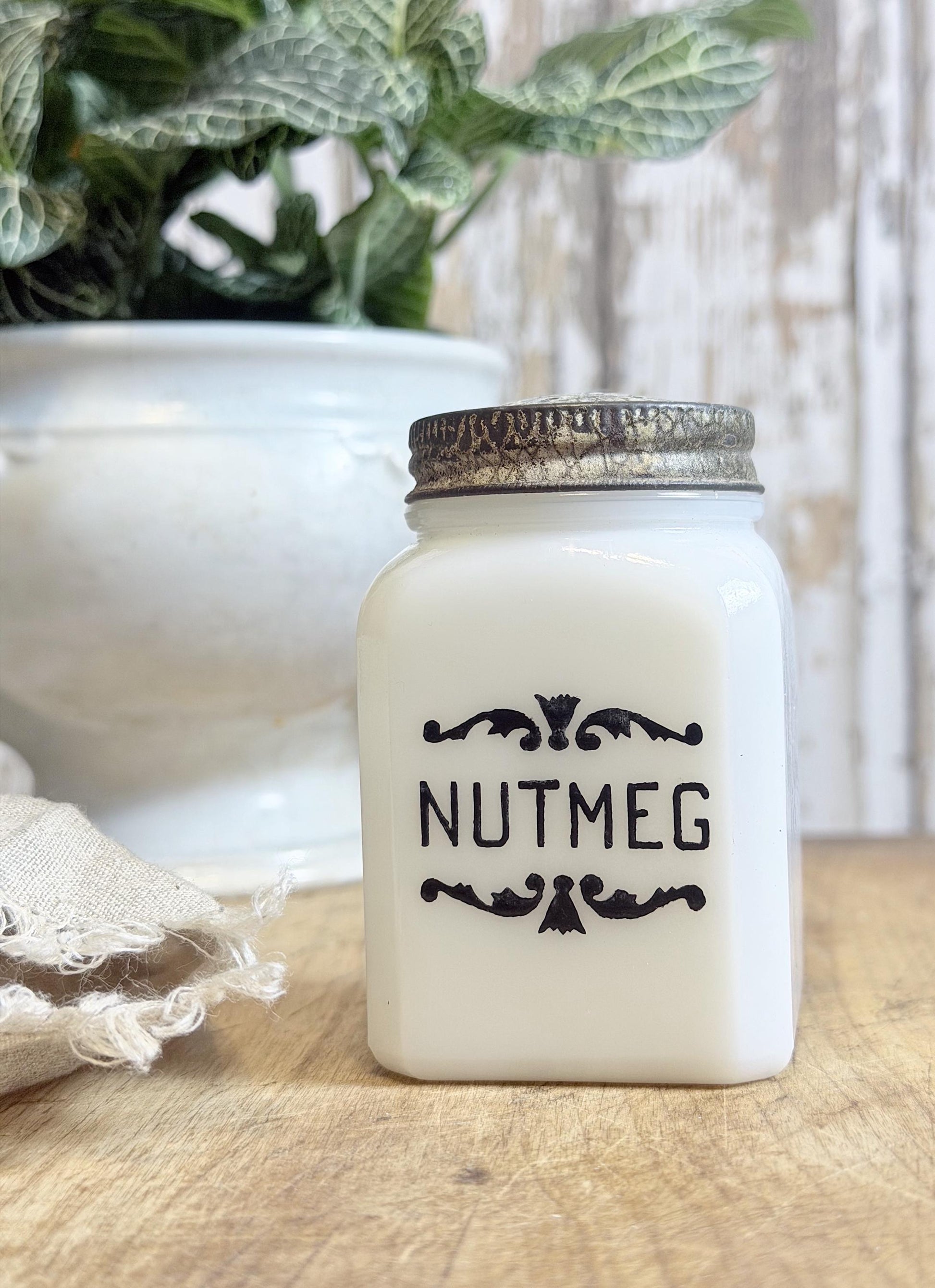 Antique Milk Glass SPICE Bottle With Lid NUTMEG Farmhouse Kitchen Decor Seasoning Jar
