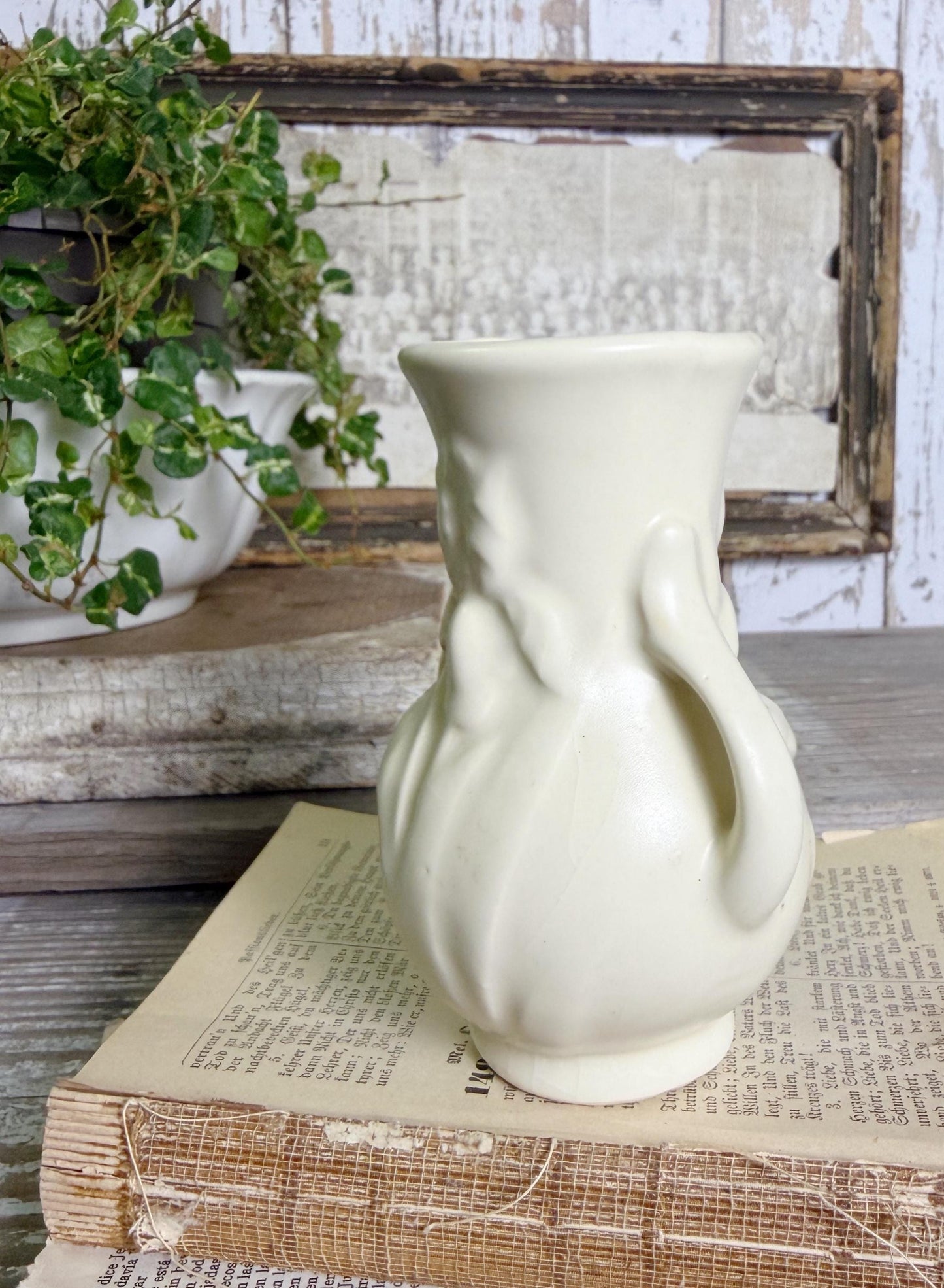 Vintage Creamy White Planter Vase Urn USA Container Farmhouse Garden Decor MCM SHAWNEE Pottery Iris