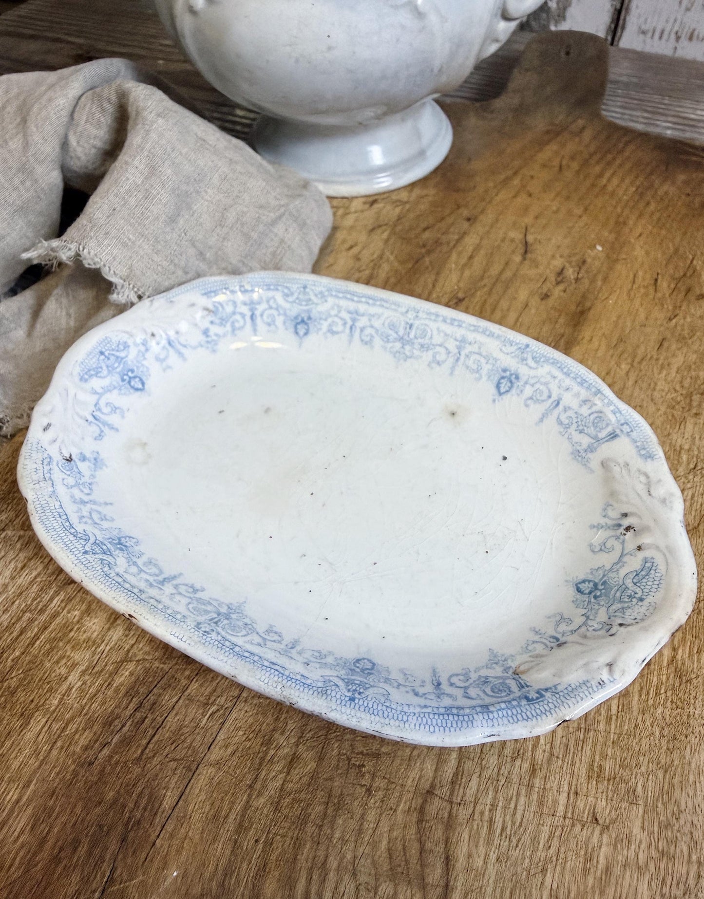 Antique White Blue Transferware Ironstone Soap Dish Platter Crazing Stained Chunky Thick Farmhouse Decor HENRY ALCOCK
