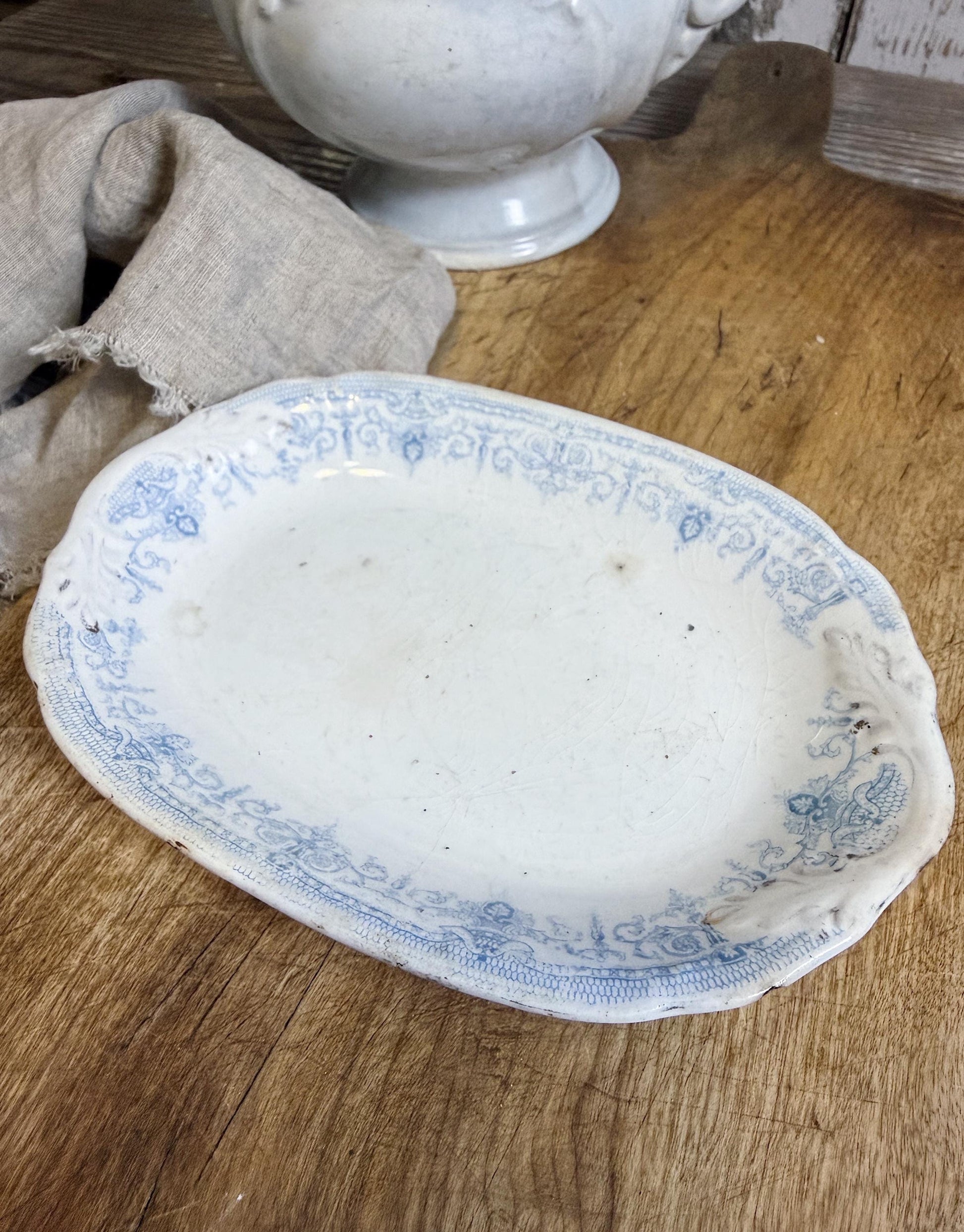 Antique White Blue Transferware Ironstone Soap Dish Platter Crazing Stained Chunky Thick Farmhouse Decor HENRY ALCOCK