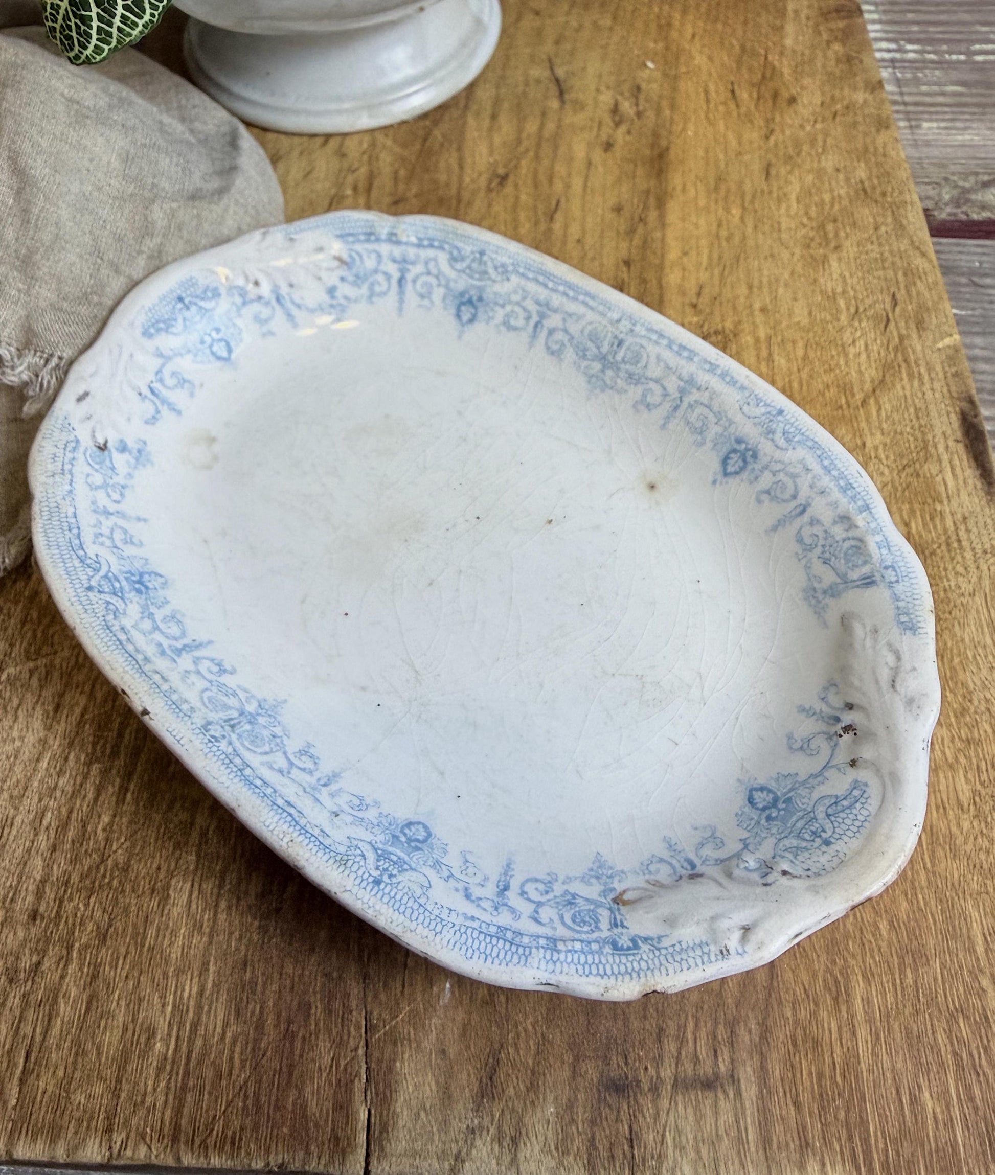 Antique White Blue Transferware Ironstone Soap Dish Platter Crazing Stained Chunky Thick Farmhouse Decor HENRY ALCOCK