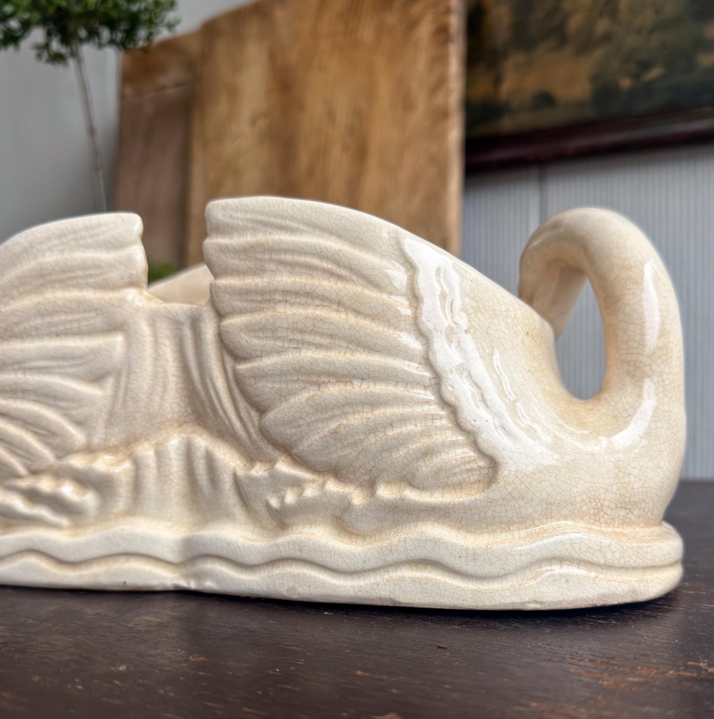 Antique Ironstone SWAN PLANTER PAIR Bowl Vase Farmhouse Primitive Decor Japan Crazed Stained
