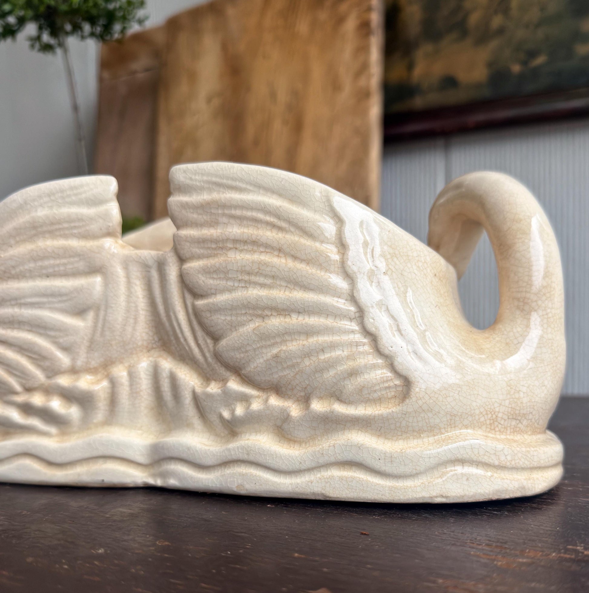 Antique Ironstone SWAN PLANTER PAIR Bowl Vase Farmhouse Primitive Decor Japan Crazed Stained