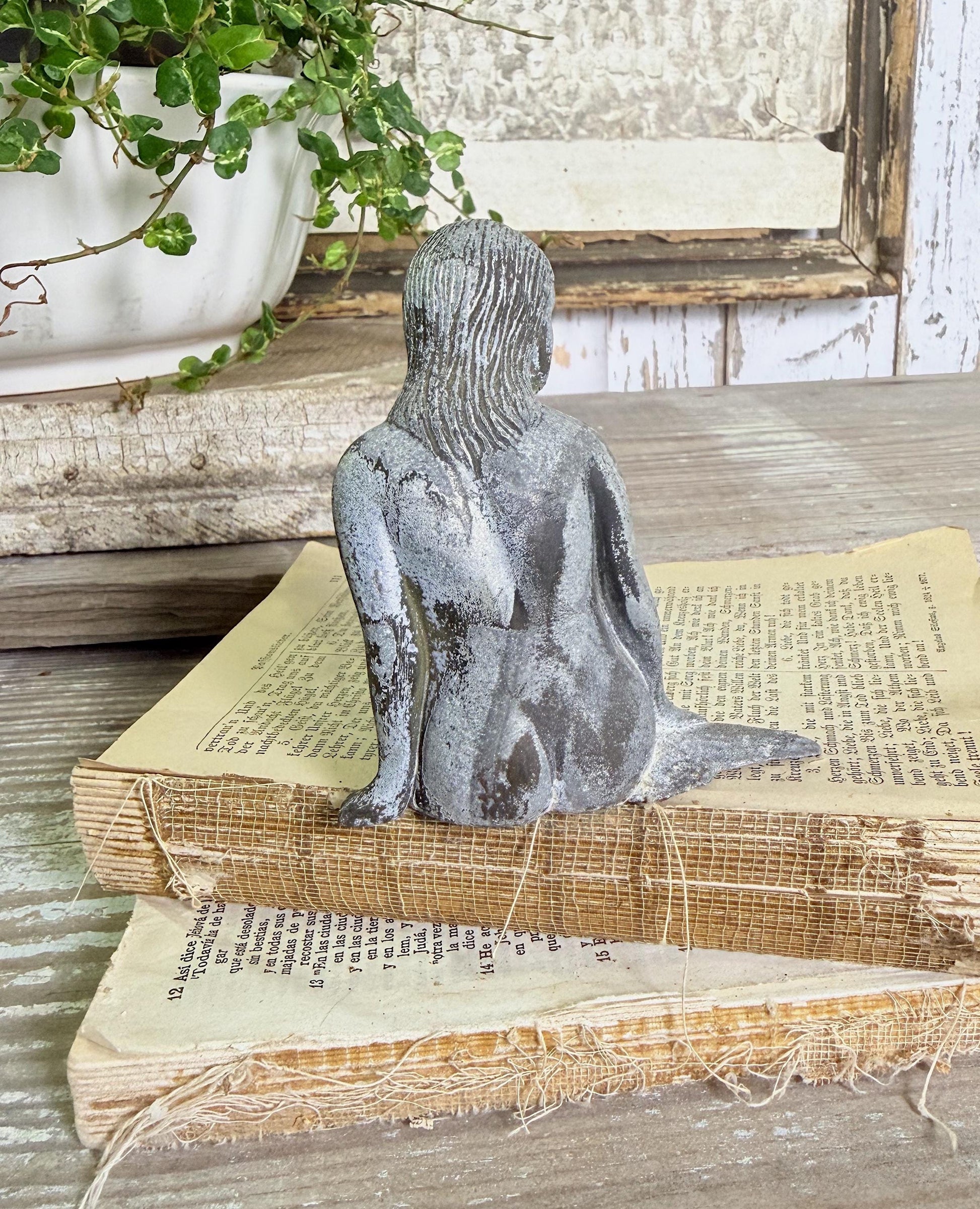 Antique MERMAID Metal Statue Figurine Silver Patina