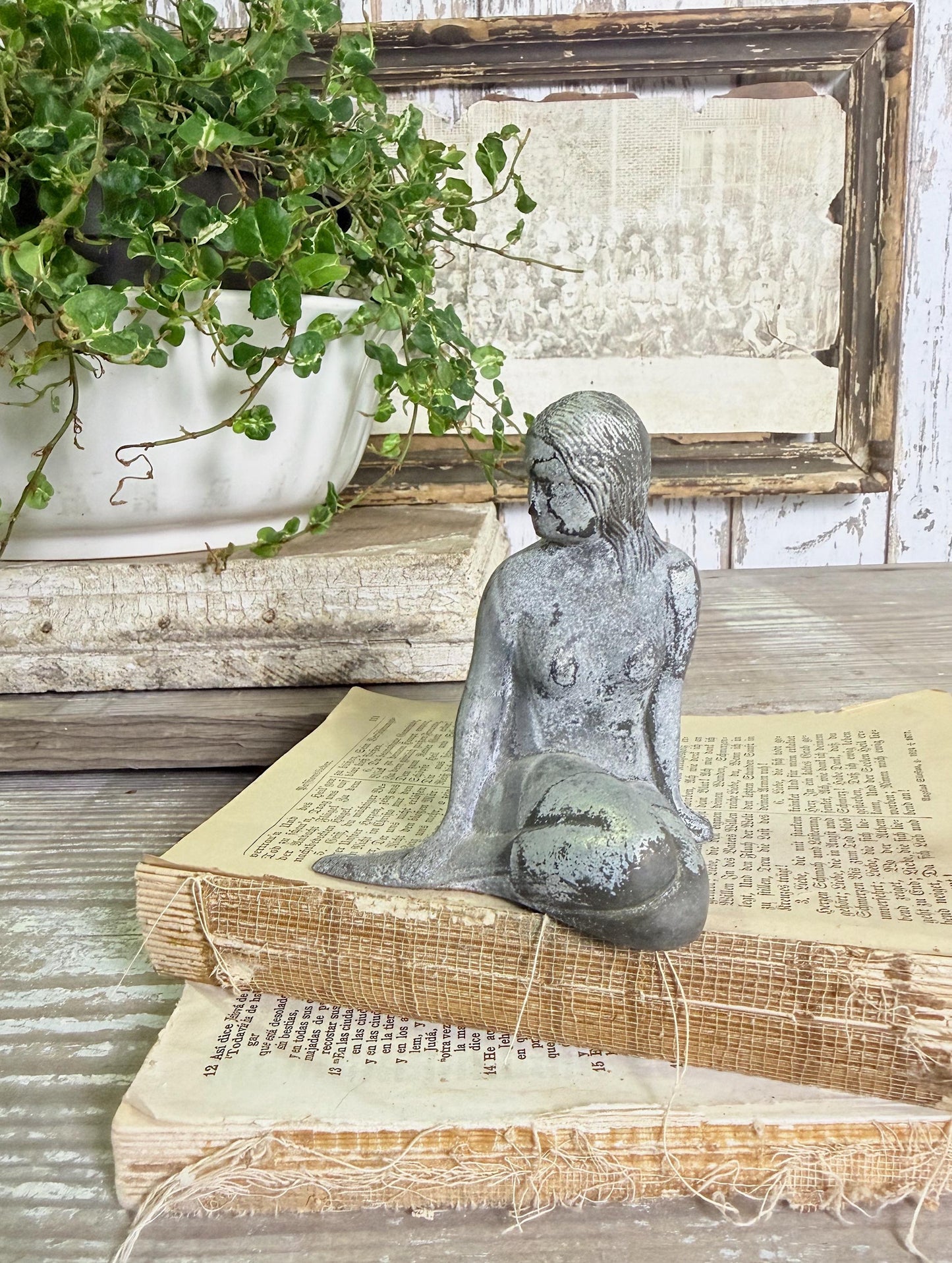 Antique MERMAID Metal Statue Figurine Silver Patina