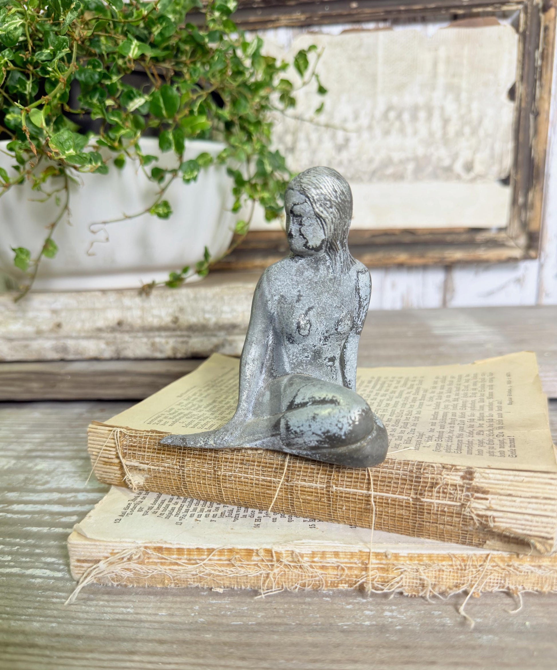 Antique MERMAID Metal Statue Figurine Silver Patina