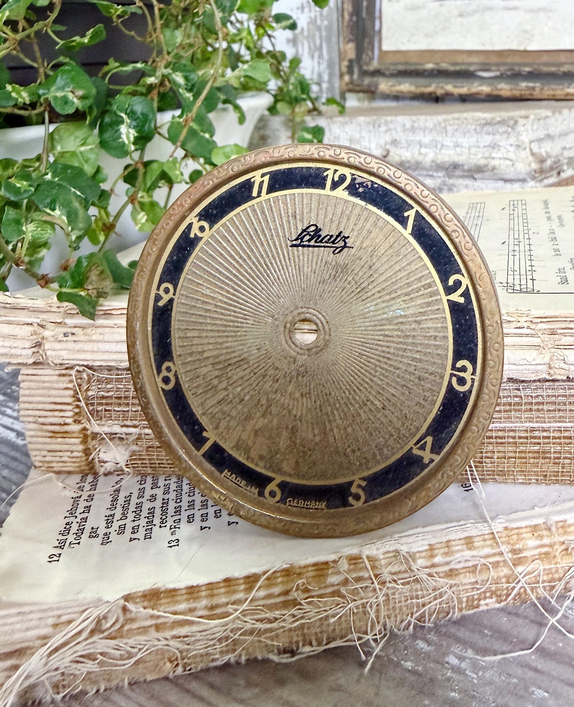 Antique Clock SCHATZ Brass Black Dial Farmhouse Decor Industrial Salvage Parts GERMANY