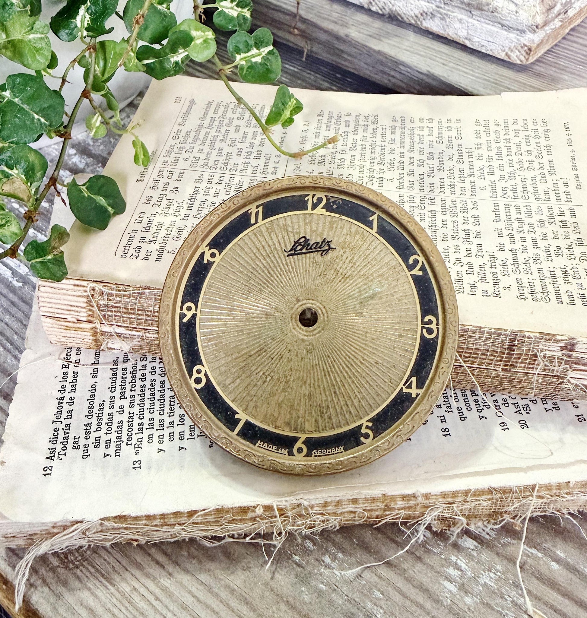 Antique Clock SCHATZ Brass Black Dial Farmhouse Decor Industrial Salvage Parts GERMANY