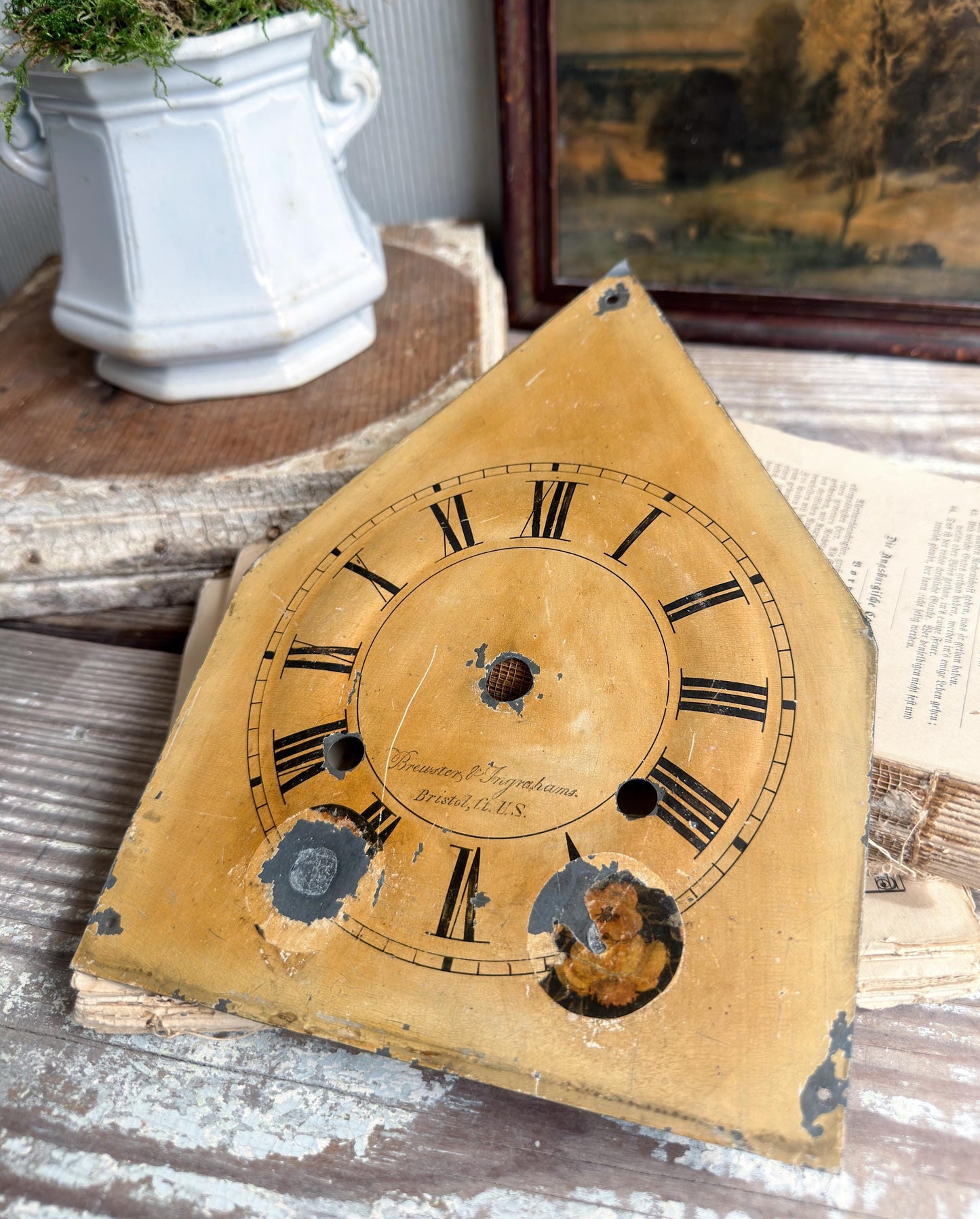 Antique Clock Face Steeple Farmhouse Decor Industrial Salvage Decor Vintage Metal Dial Painted Chippy Brewster Ingrahams