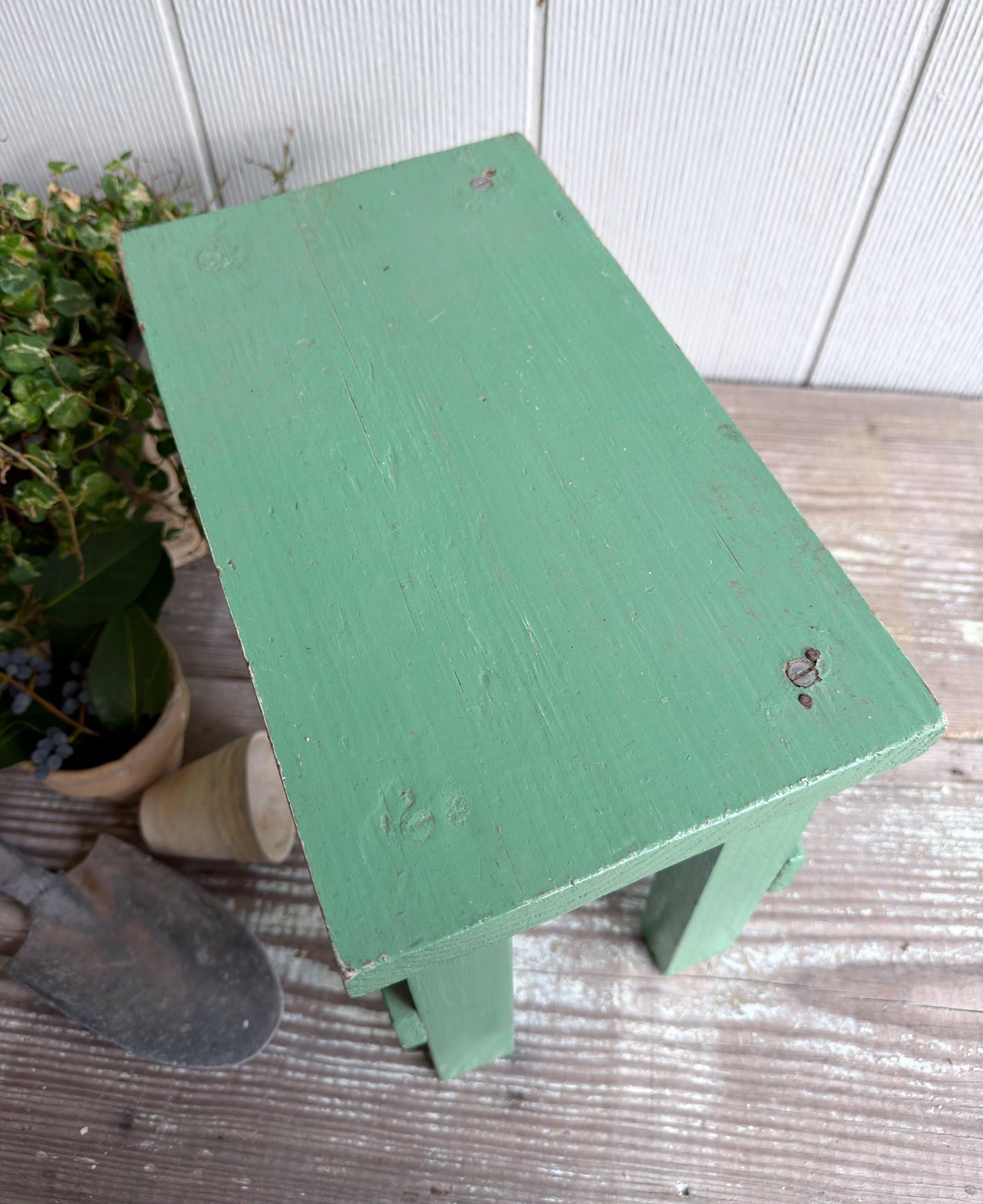 Vintage Wood Bench Chippy GREEN Paint Stool Farmhouse Primitive Decor
