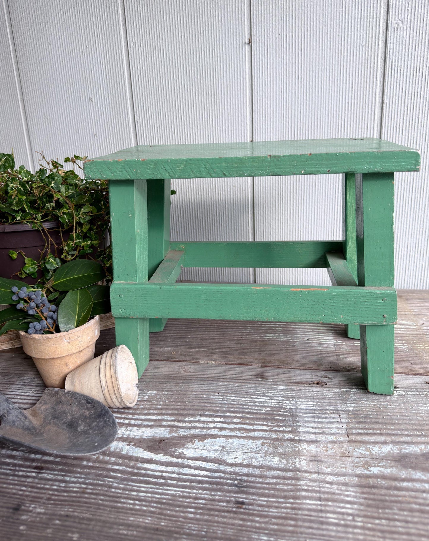 Vintage Wood Bench Chippy GREEN Paint Stool Farmhouse Primitive Decor
