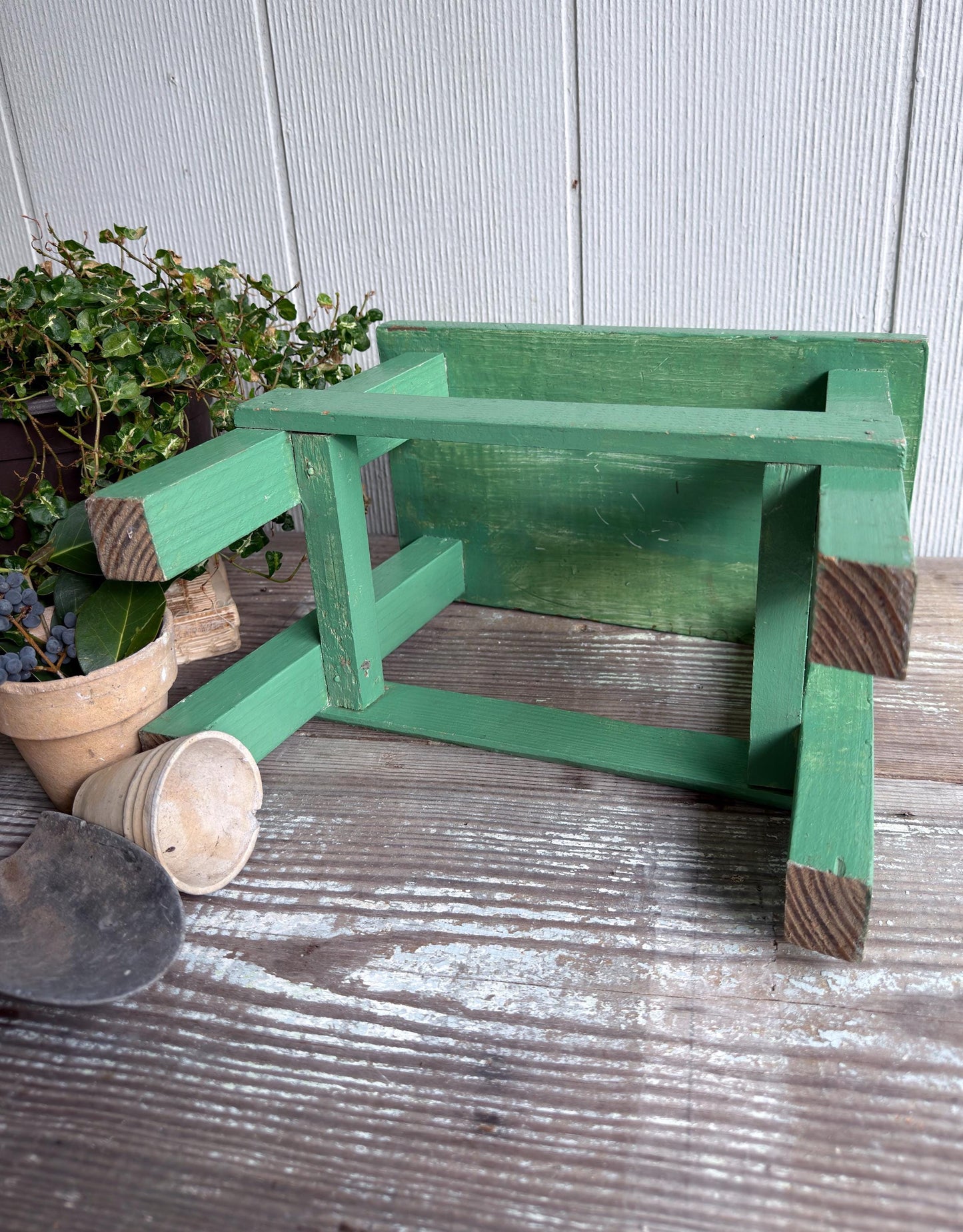 Vintage Wood Bench Chippy GREEN Paint Stool Farmhouse Primitive Decor