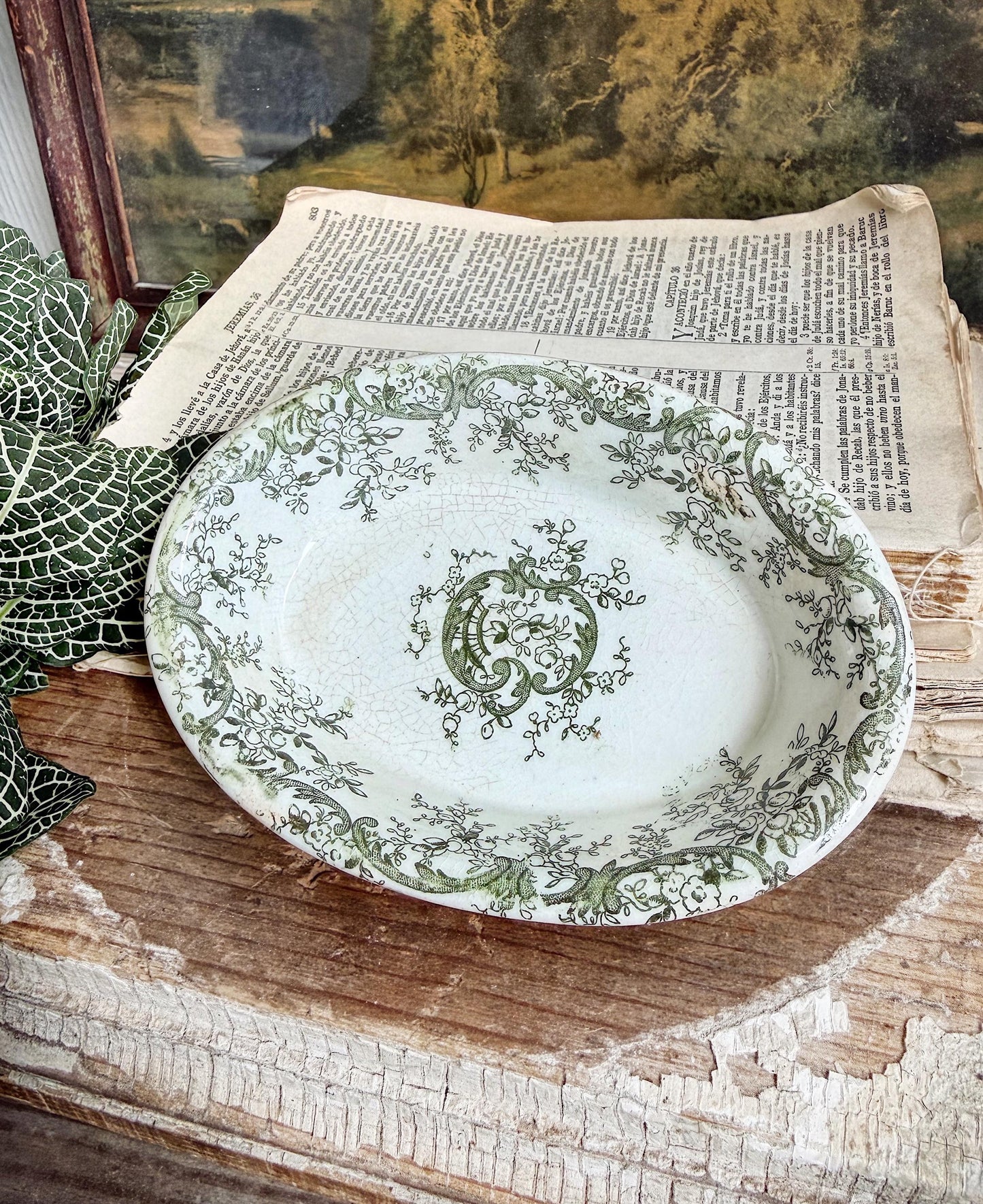 Antique Ironstone Soap Dish Bowl MEAKIN Oval Chunky Thick Green Transferware Farmhouse Decor Mercer Pottery