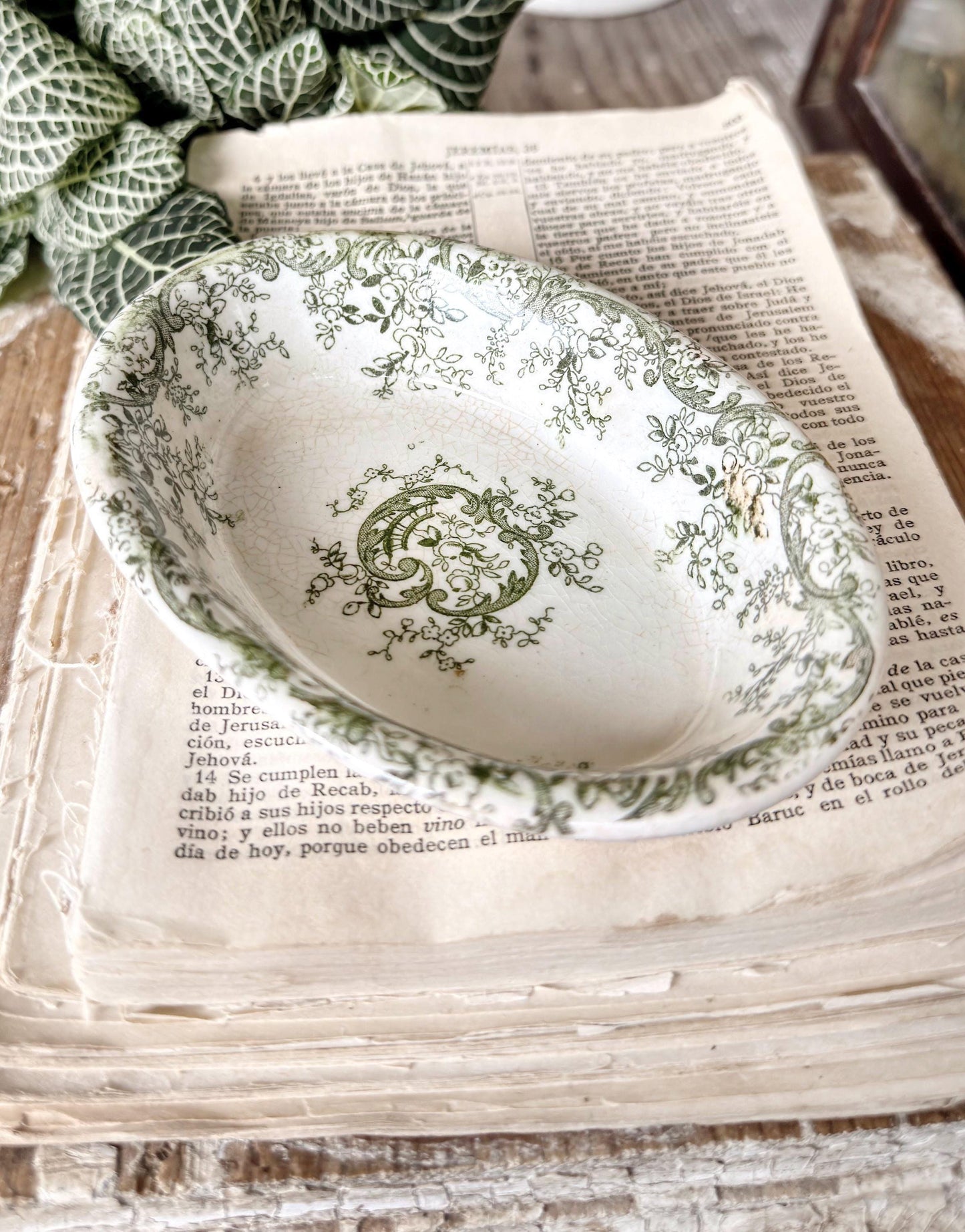 Antique Ironstone Soap Dish Bowl MEAKIN Oval Chunky Thick Green Transferware Farmhouse Decor Mercer Pottery