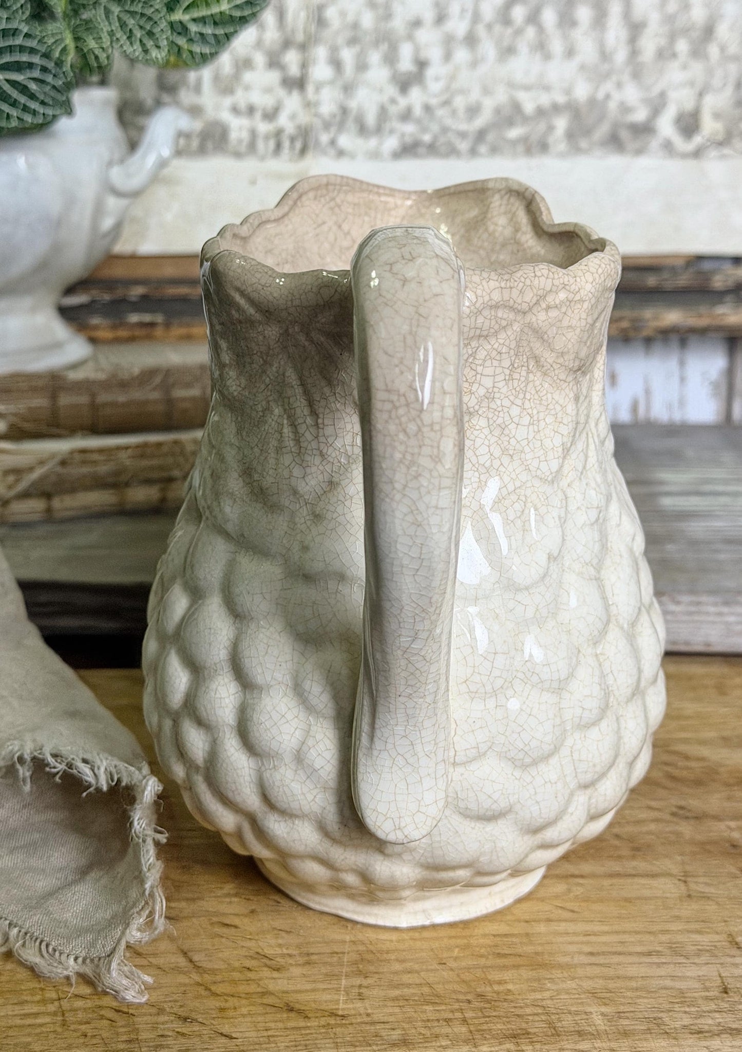 Antique Ironstone Pitcher Leaf Grapes Crazing Stained Grungy Farmhouse Decor JAPAN