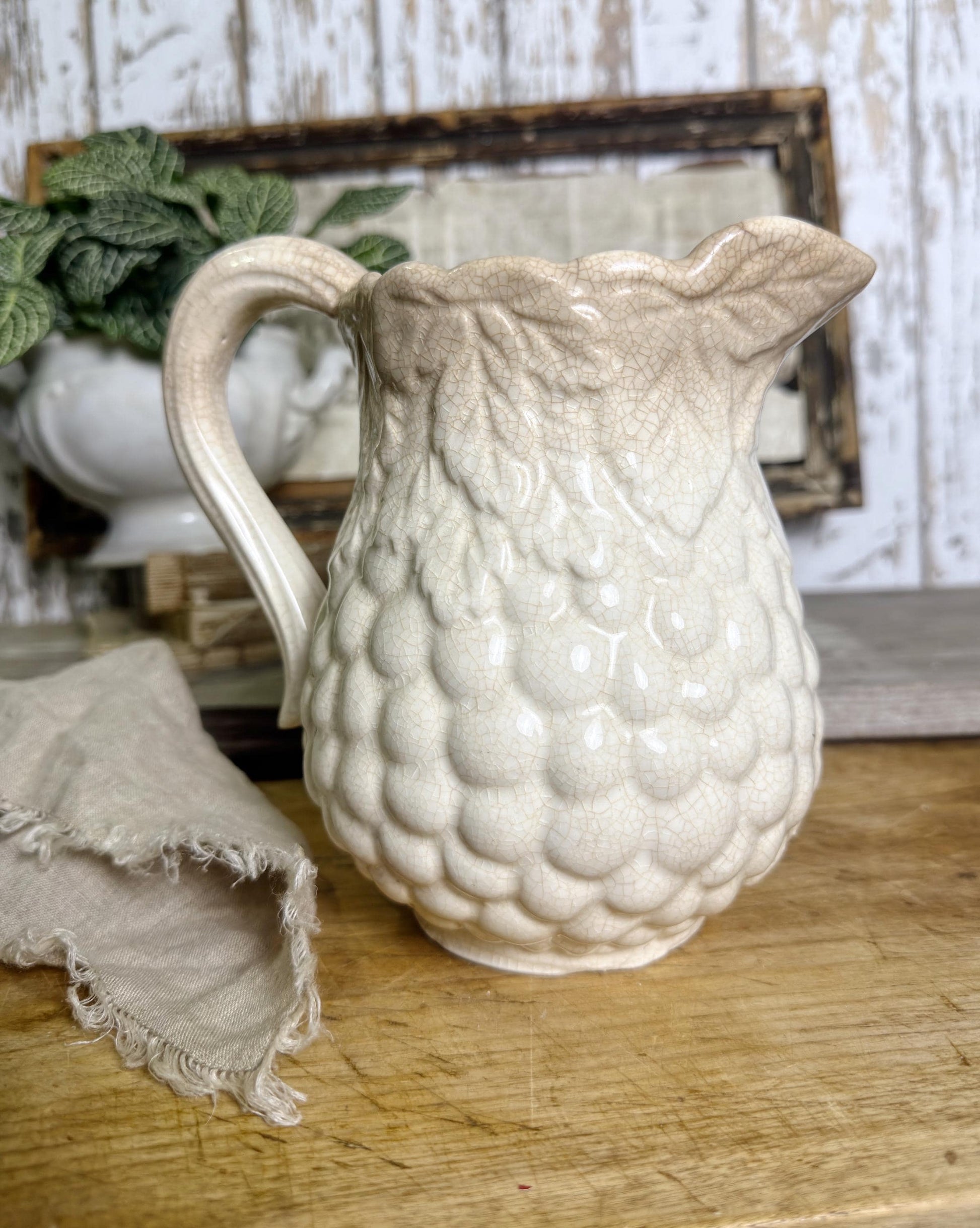 Antique Ironstone Pitcher Leaf Grapes Crazing Stained Grungy Farmhouse Decor JAPAN