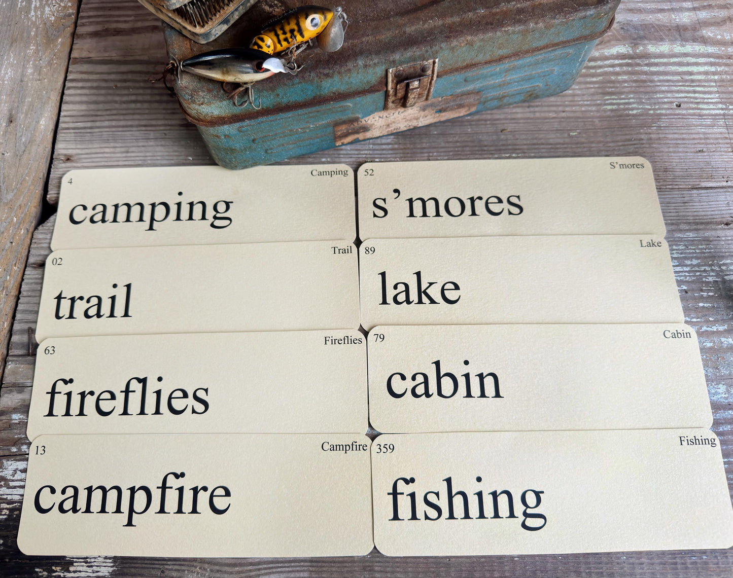 Vintage Style CAMPFIRE Flash Cards: Cabin, Lake, Fishing, Campfire, S'mores Farmhouse Decor