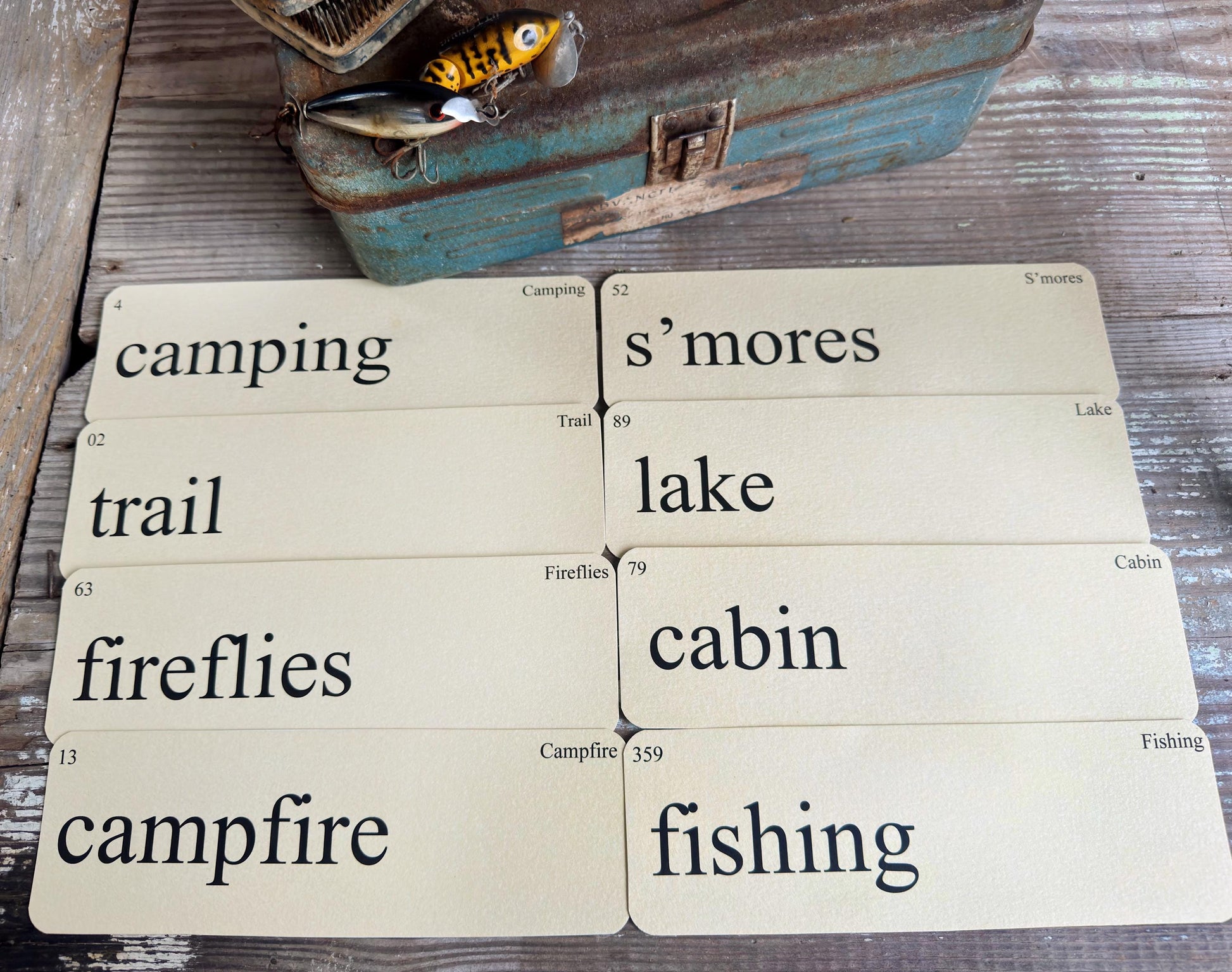 Vintage Style CAMPFIRE Flash Cards: Cabin, Lake, Fishing, Campfire, S'mores Farmhouse Decor