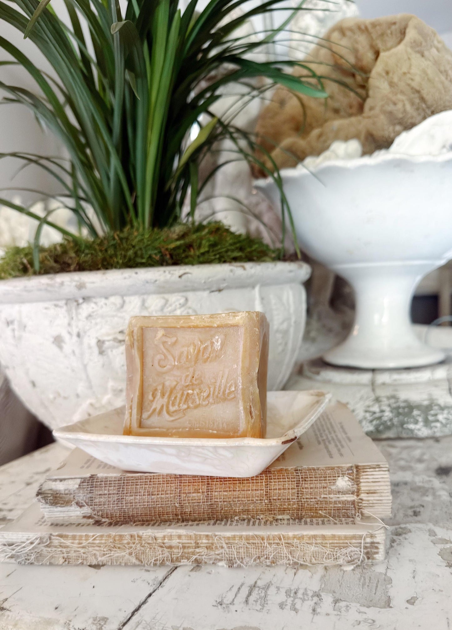 Antique White Ironstone Square PLATE Soap Side Dish Farmhouse Decor Crazed Stained LARGE