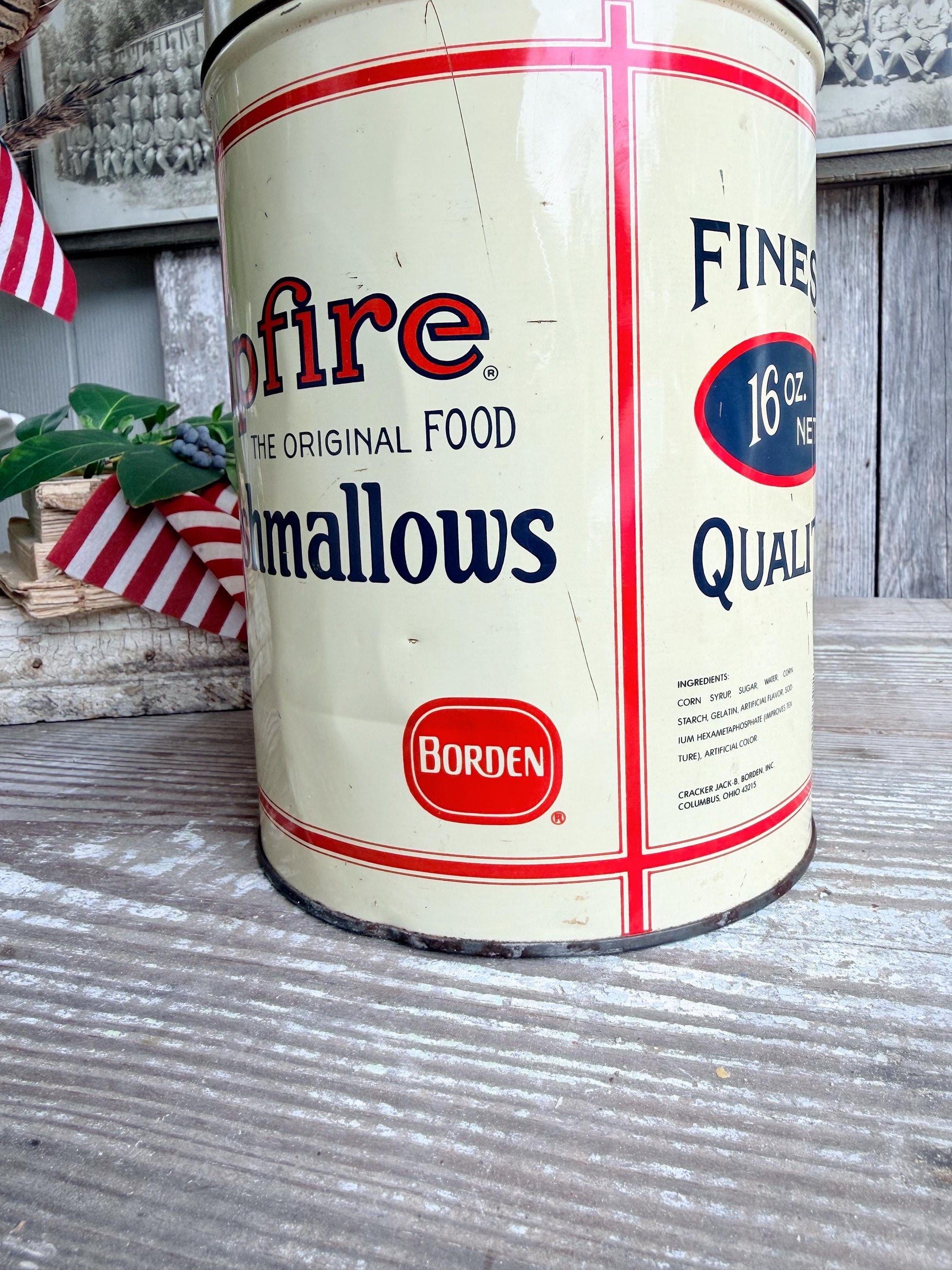 Vintage CAMPFIRE MARSHMALLOWS Tin Can Americana Farmhouse Decor