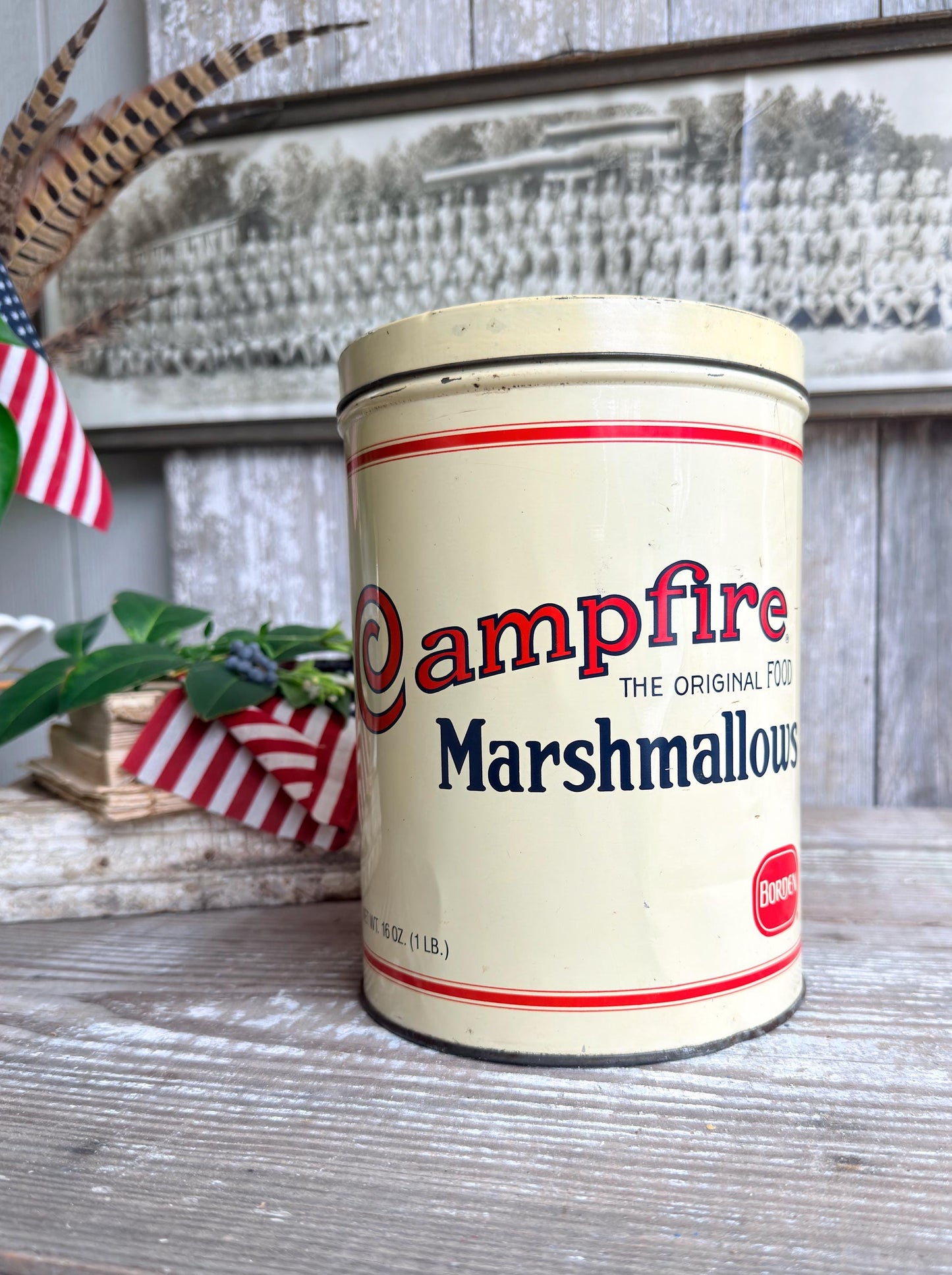 Vintage CAMPFIRE MARSHMALLOWS Tin Can Americana Farmhouse Decor