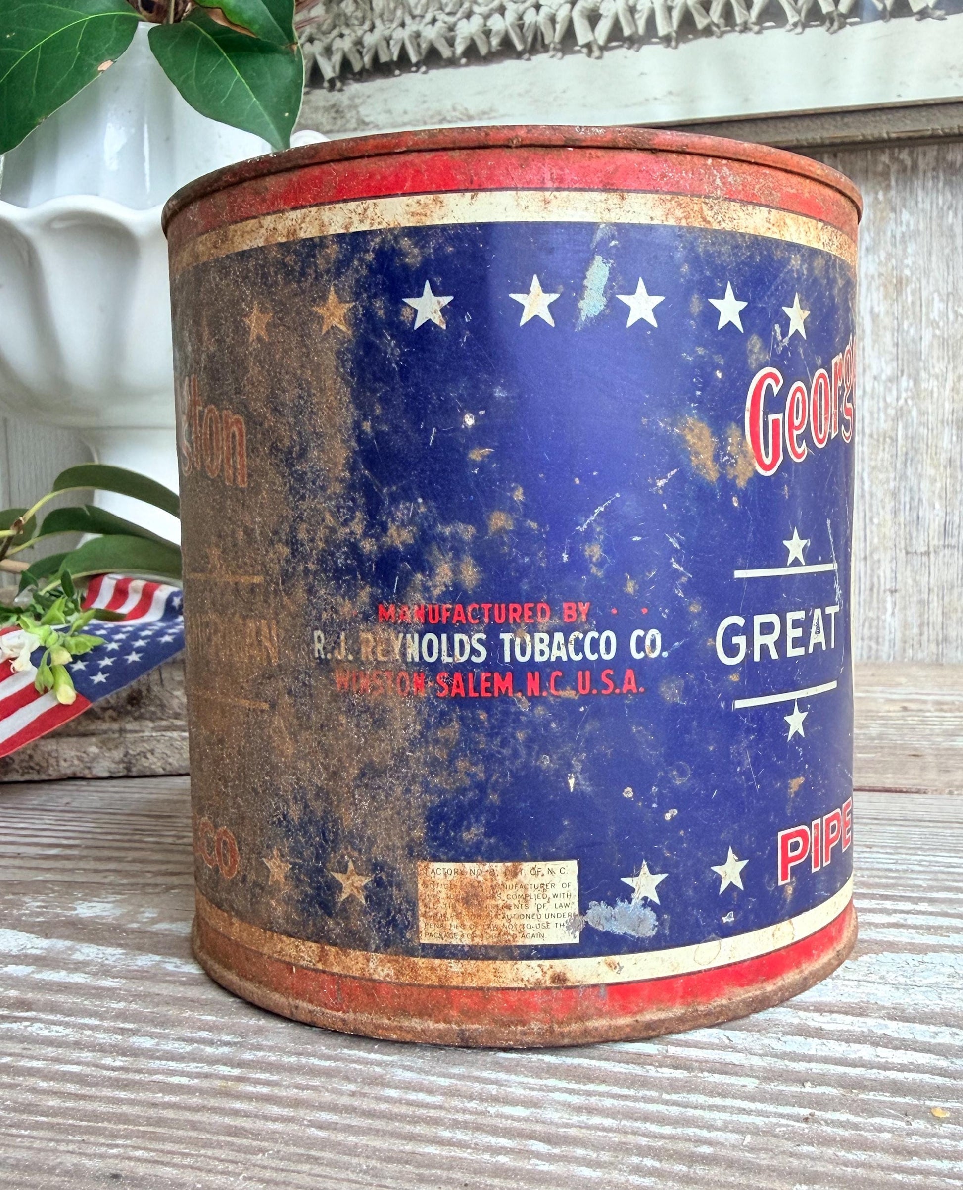 Vintage Washington Tobacco Tin Americana Patriotic Decor, Antique Advertising Canister, Rustic Farmhouse Storage