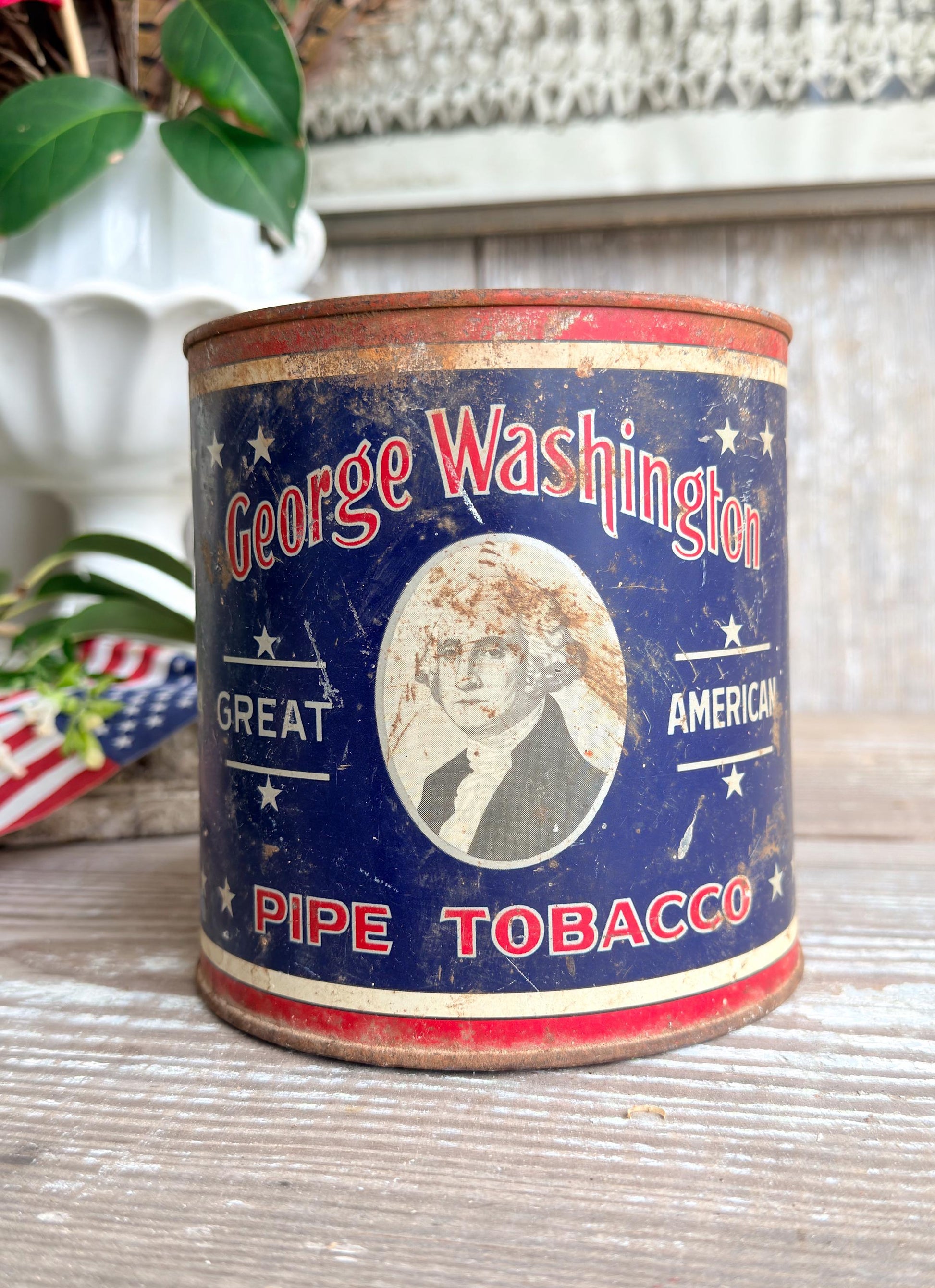 Vintage Washington Tobacco Tin Americana Patriotic Decor, Antique Advertising Canister, Rustic Farmhouse Storage