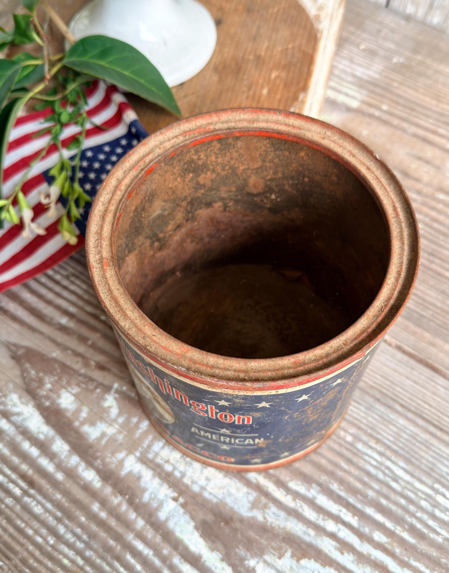Vintage Washington Tobacco Tin Americana Patriotic Decor, Antique Advertising Canister, Rustic Farmhouse Storage