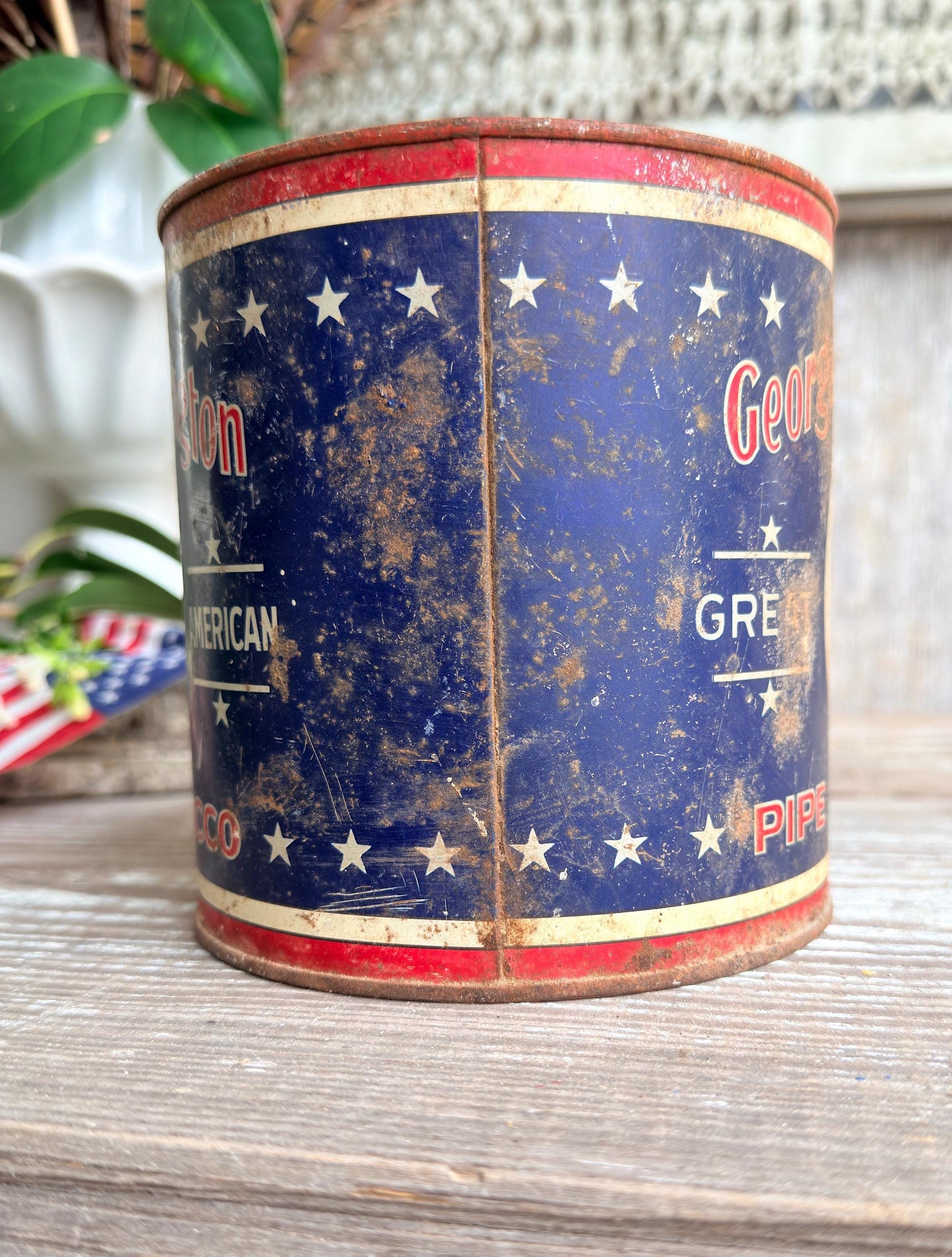 Vintage Washington Tobacco Tin Americana Patriotic Decor, Antique Advertising Canister, Rustic Farmhouse Storage