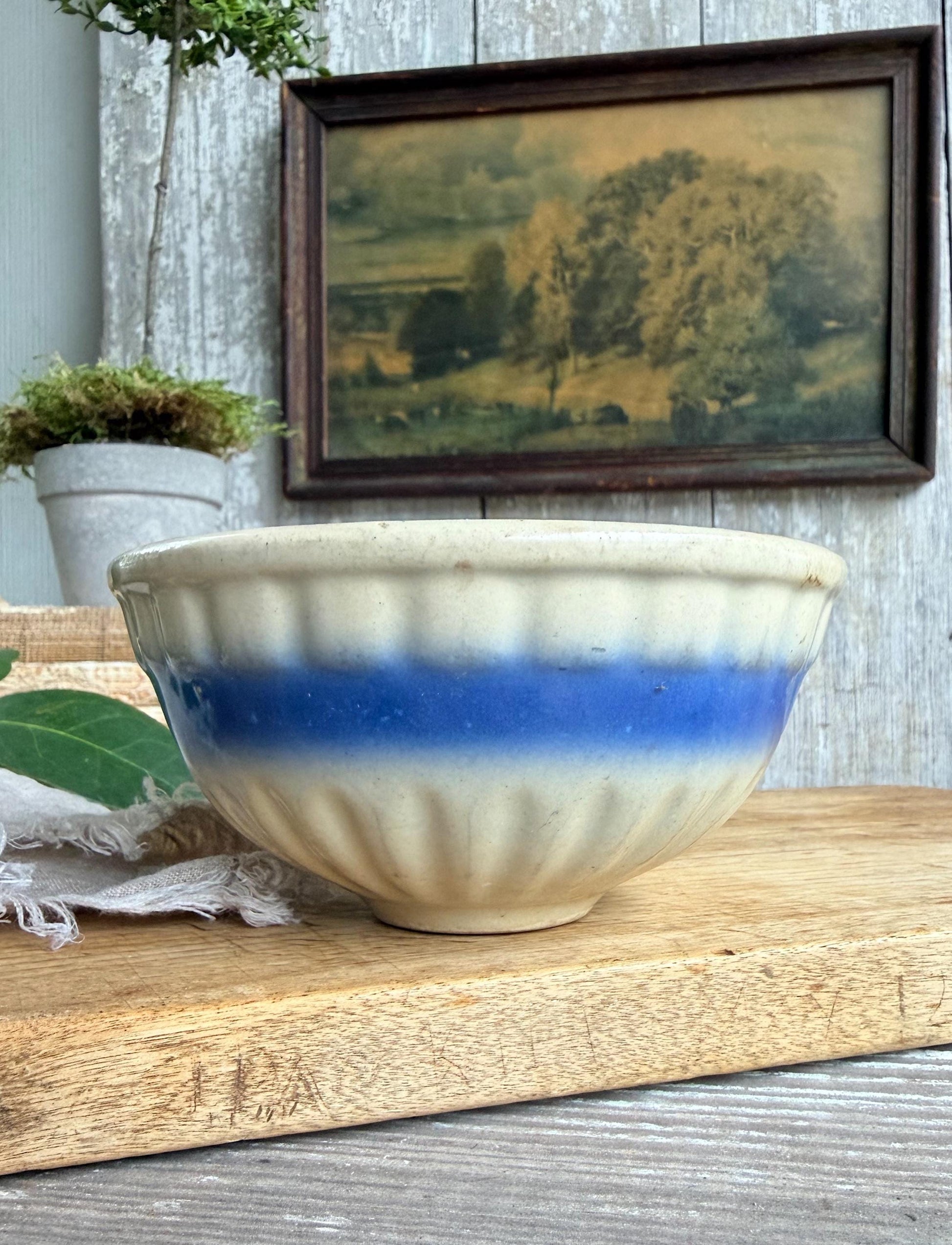 Antique Salt Glazed Stoneware Bowl – Blue Banded Pottery, Primitive Farmhouse Rustic Kitchen Decor