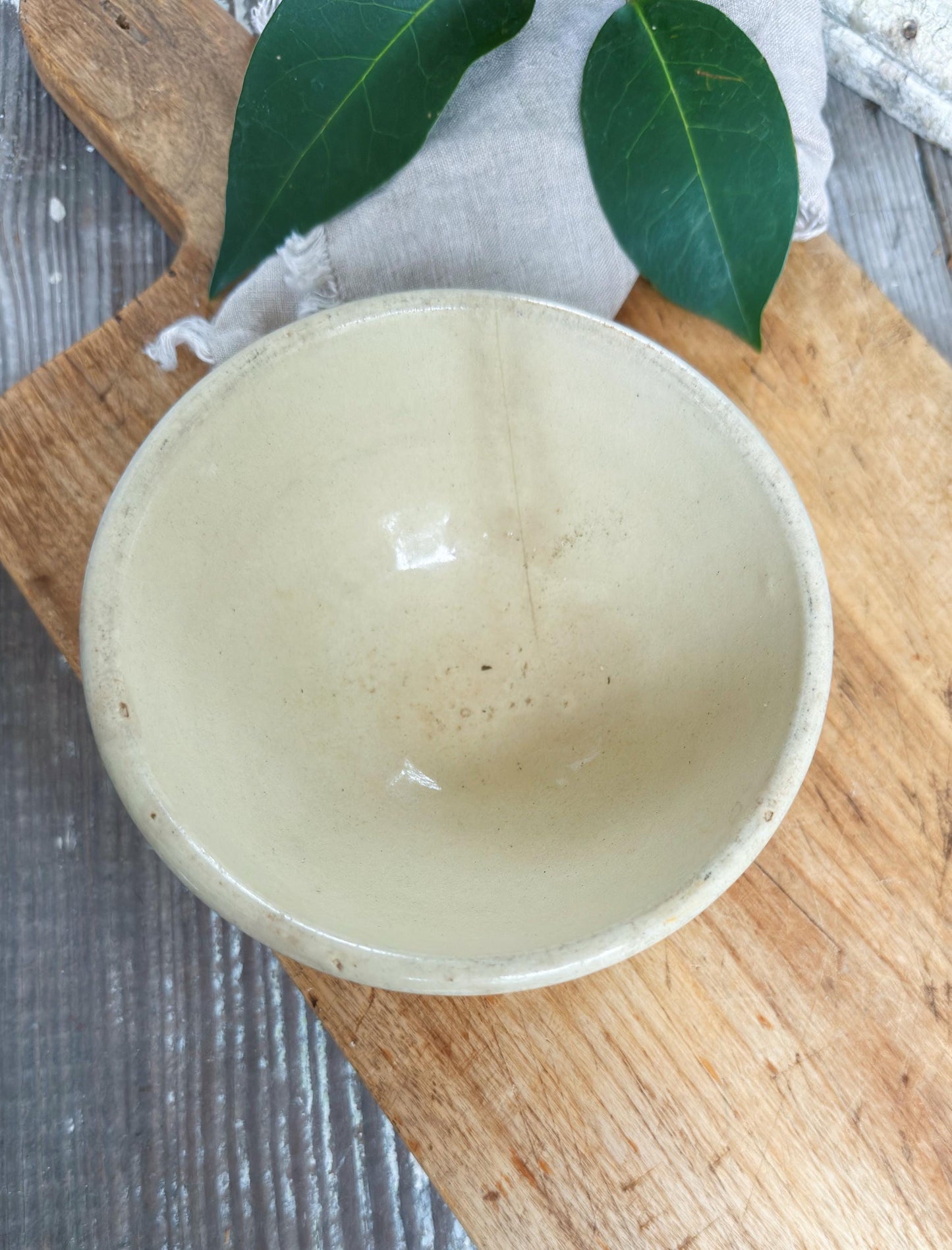 Antique Salt Glazed Stoneware Bowl – Blue Banded Pottery, Primitive Farmhouse Rustic Kitchen Decor