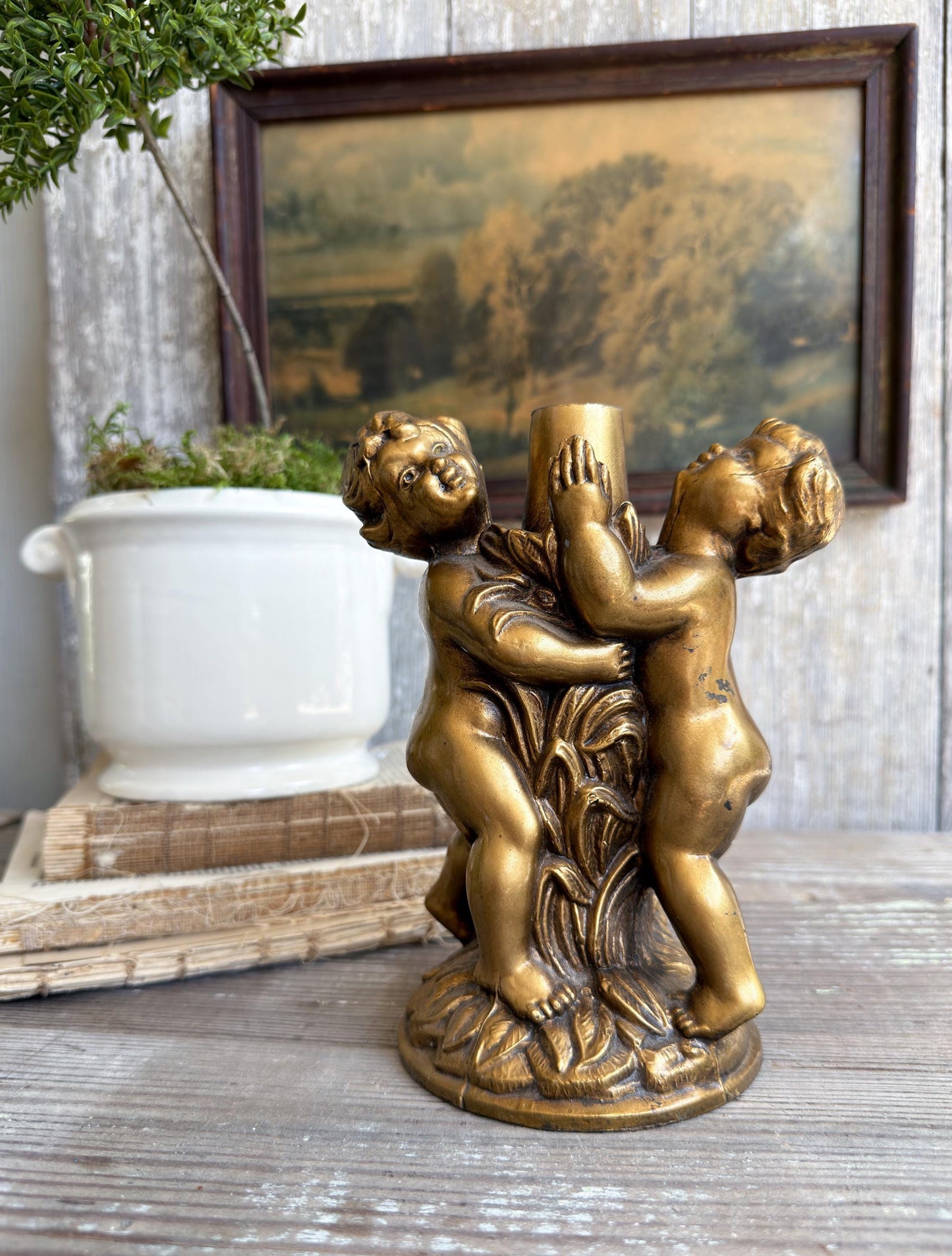 Vintage Cherub Lamp Base – Gold Metal Putti Candle Holder, Hollywood Regency Style, Ornate Table Lamp Part