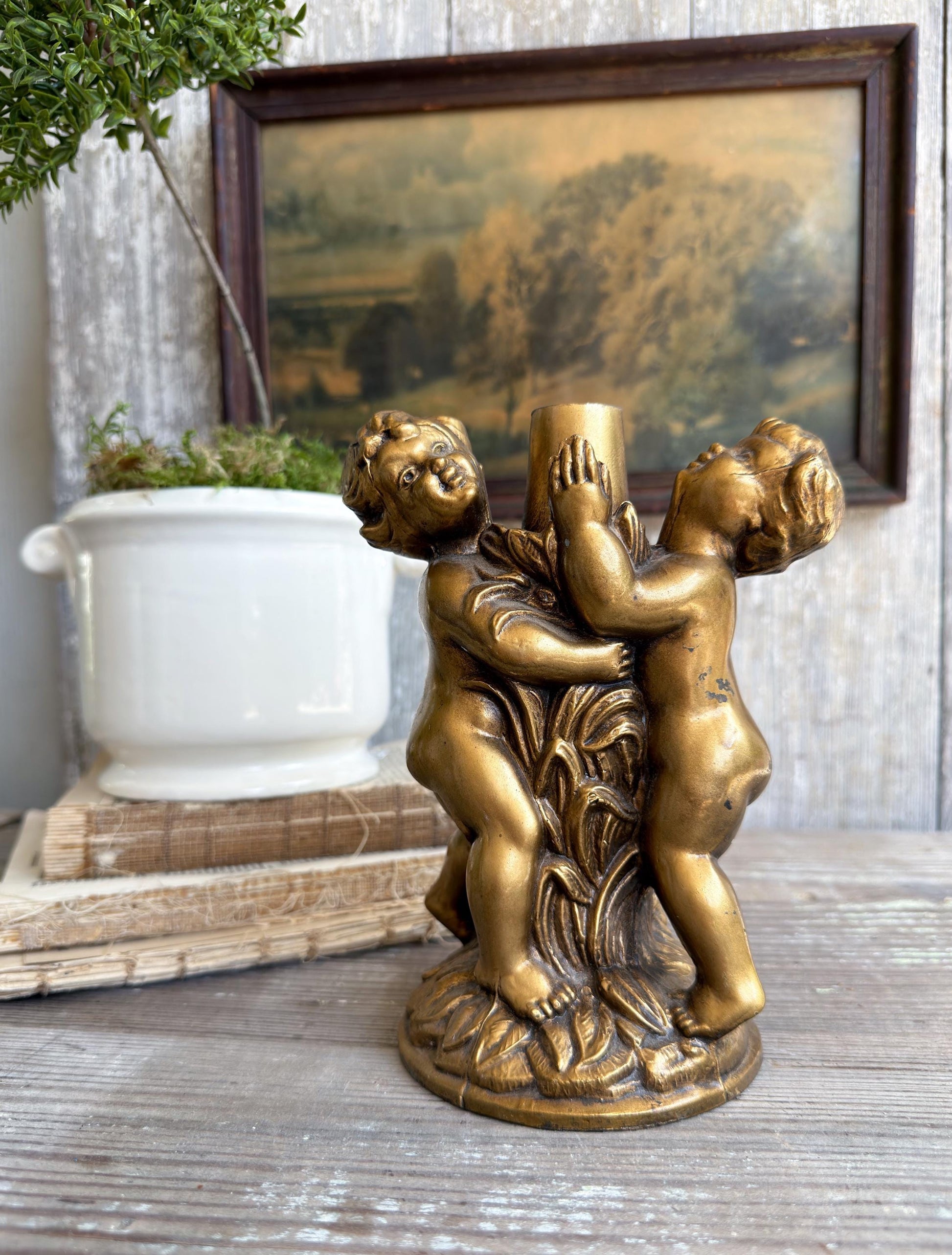 Vintage Cherub Lamp Base – Gold Metal Putti Candle Holder, Hollywood Regency Style, Ornate Table Lamp Part