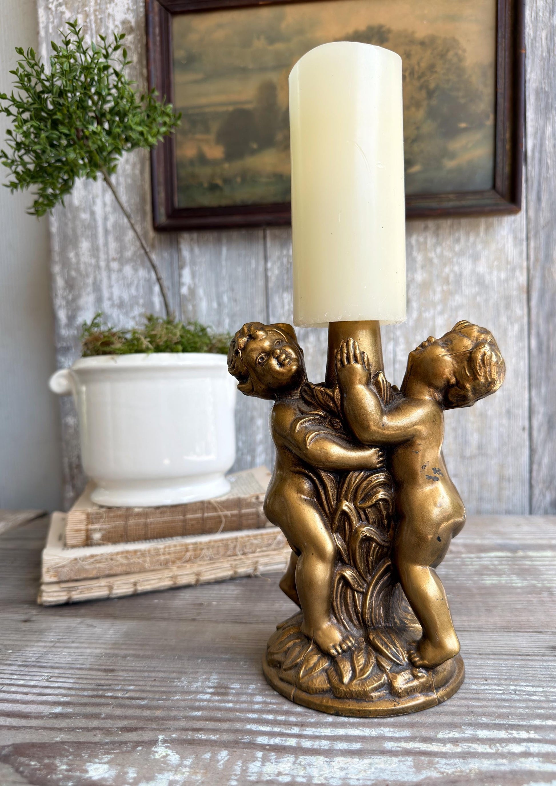 Vintage Cherub Lamp Base – Gold Metal Putti Candle Holder, Hollywood Regency Style, Ornate Table Lamp Part