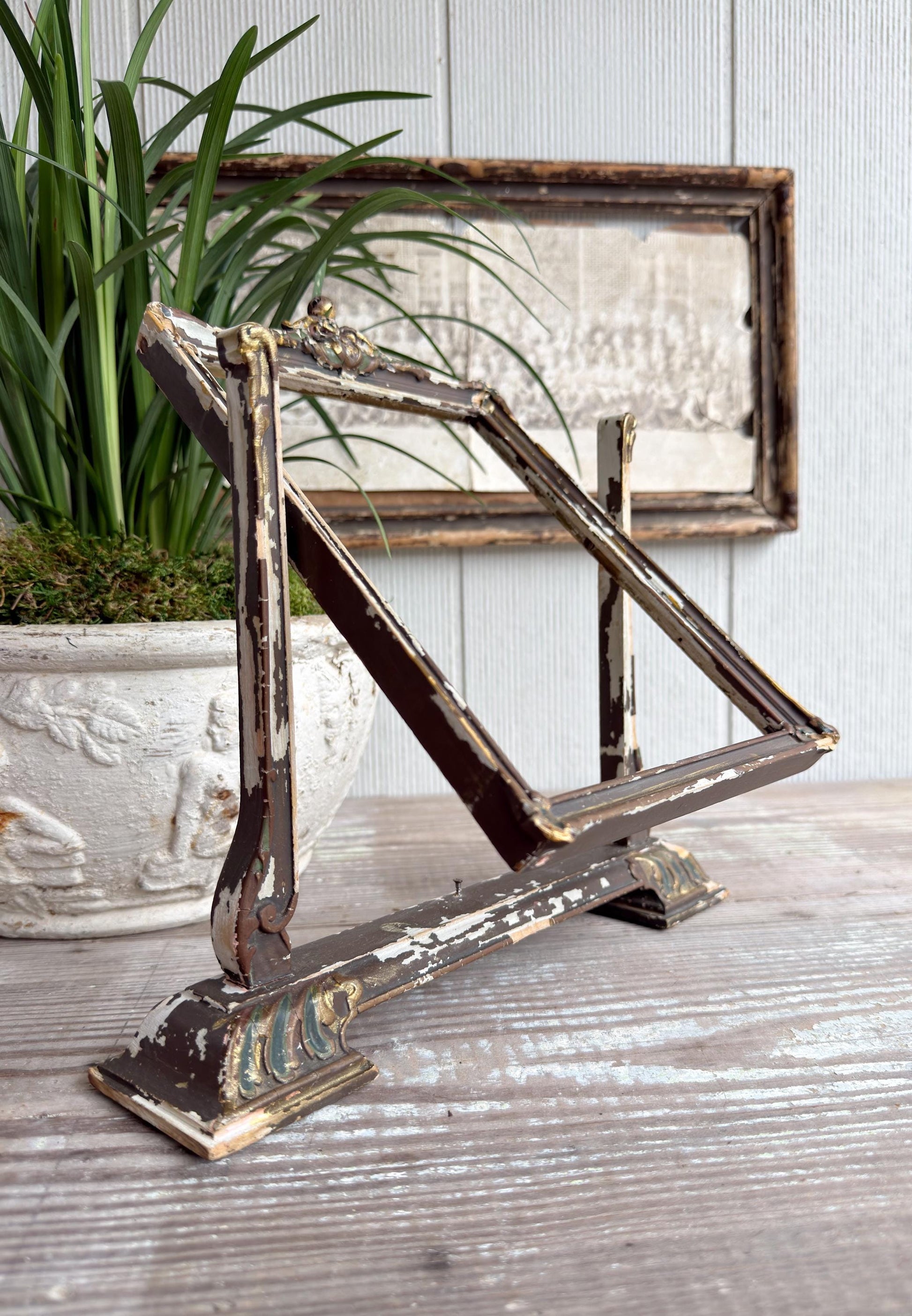 Antique Ornate Wood Frame Stand – Adjustable Swivel Display, Chippy Painted Architectural Frame, Vintage Decor