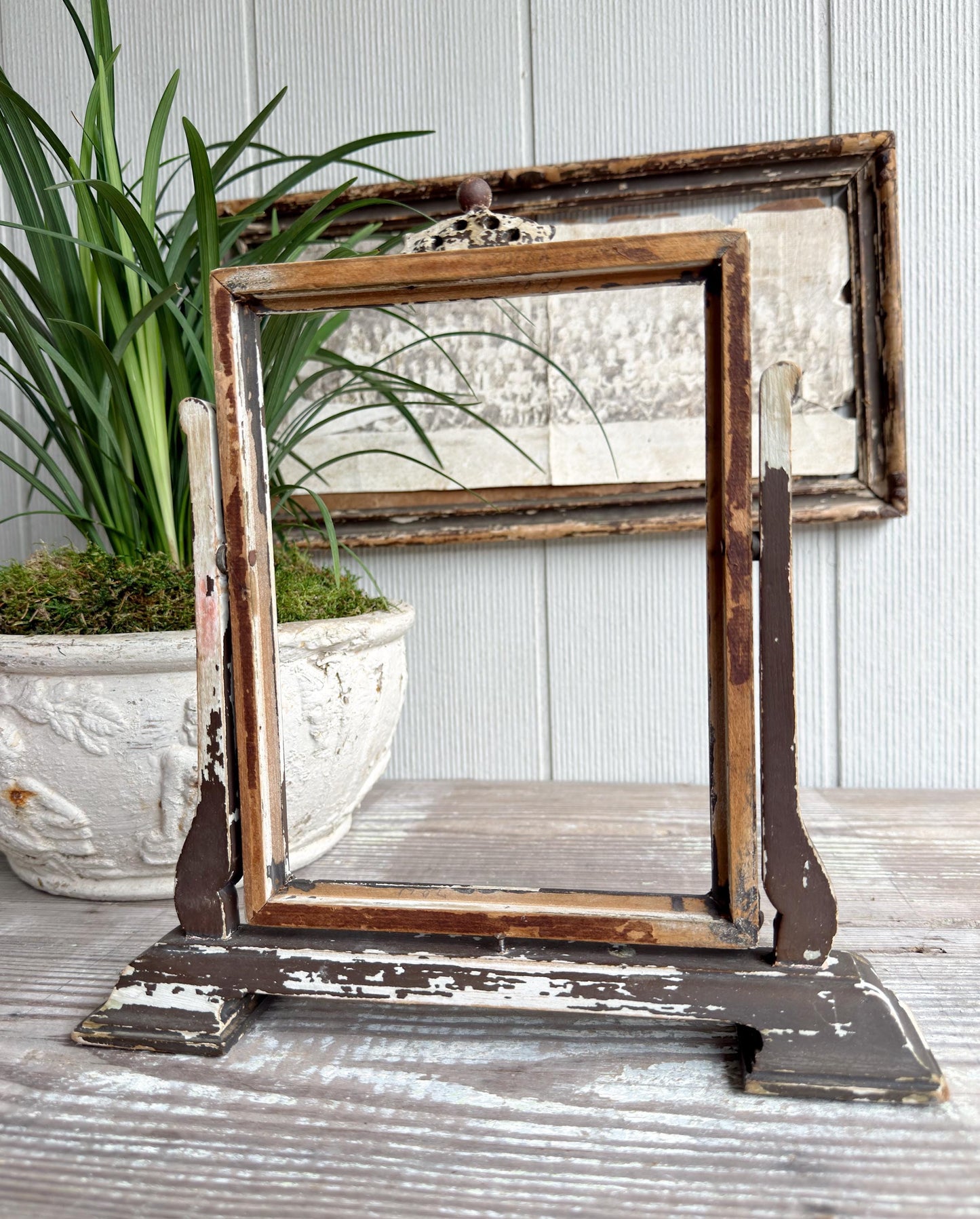 Antique Ornate Wood Frame Stand – Adjustable Swivel Display, Chippy Painted Architectural Frame, Vintage Decor