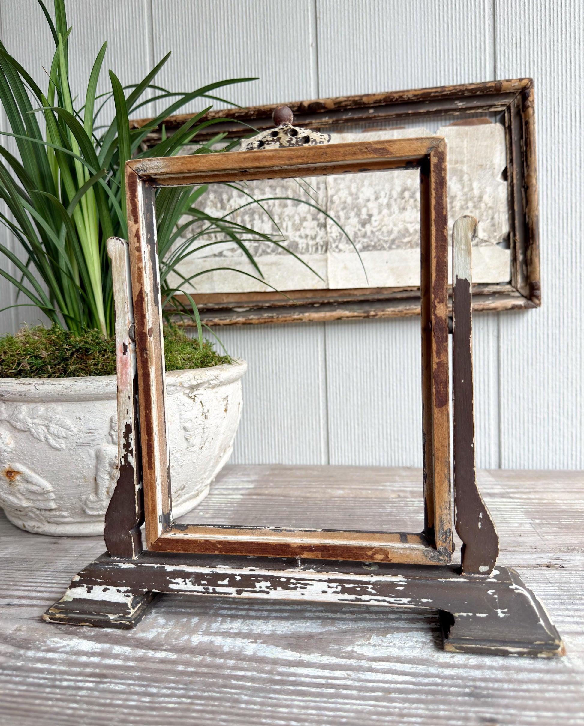 Antique Ornate Wood Frame Stand – Adjustable Swivel Display, Chippy Painted Architectural Frame, Vintage Decor