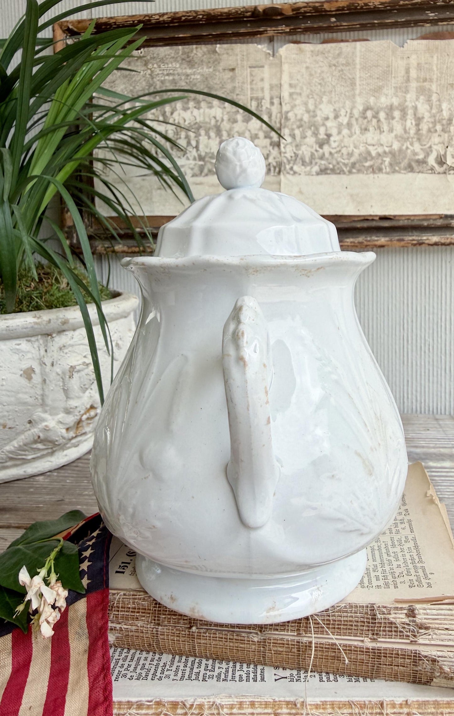 Antique Ironstone Sugar Bowl Biscuit Jar- Clementson Hanley England, Farmhouse Kitchen Decor
