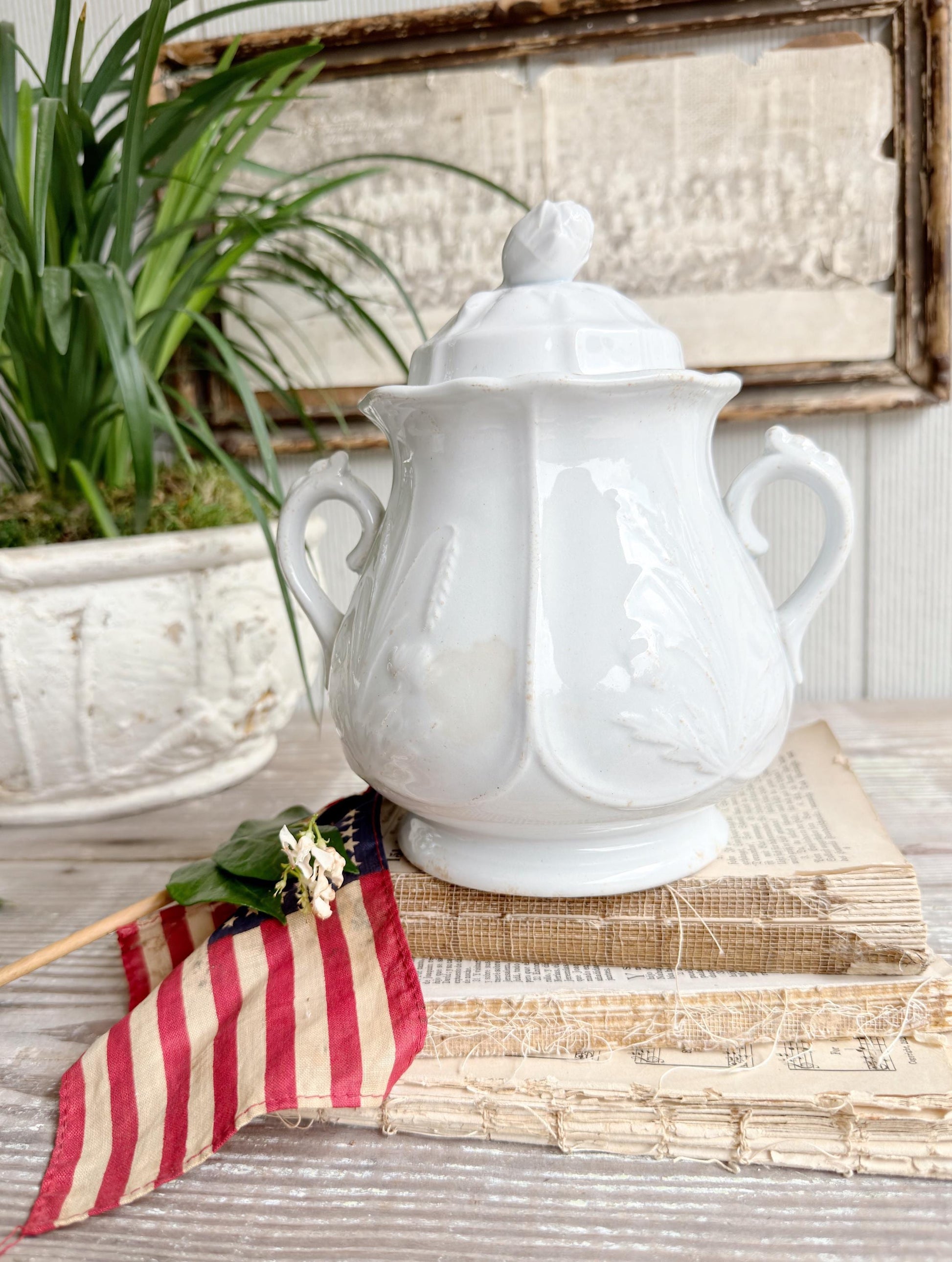 Antique Ironstone Sugar Bowl Biscuit Jar- Clementson Hanley England, Farmhouse Kitchen Decor
