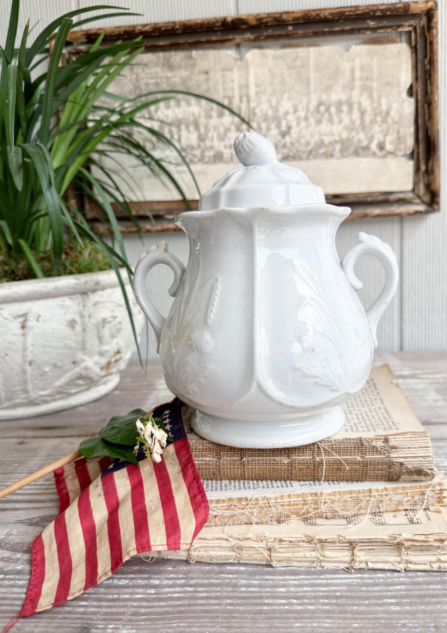 Antique Ironstone Sugar Bowl Biscuit Jar- Clementson Hanley England, Farmhouse Kitchen Decor