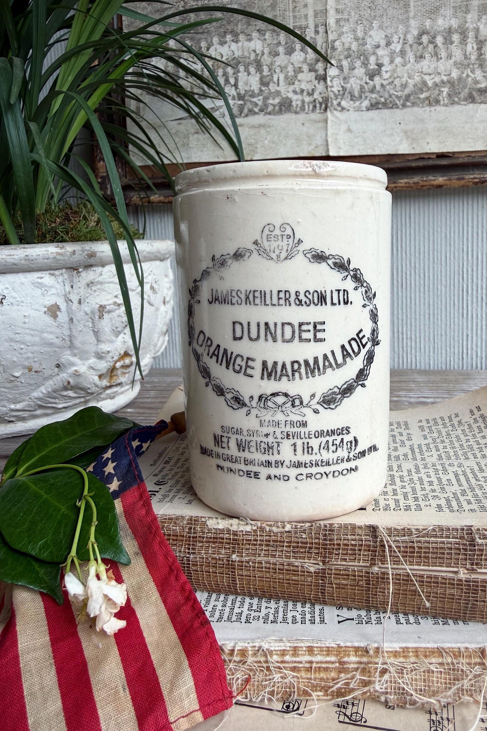 Antique Dundee Marmalade Pot – English Ironstone Crock, James Keiller & Son, 1797 Heart Mark, Farmhouse Decor
