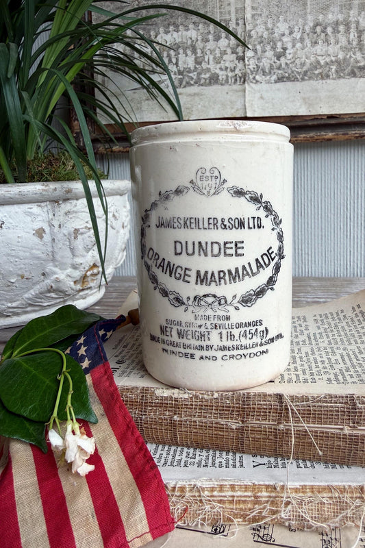 Antique Dundee Marmalade Pot – English Ironstone Crock, James Keiller & Son, 1797 Heart Mark, Farmhouse Decor