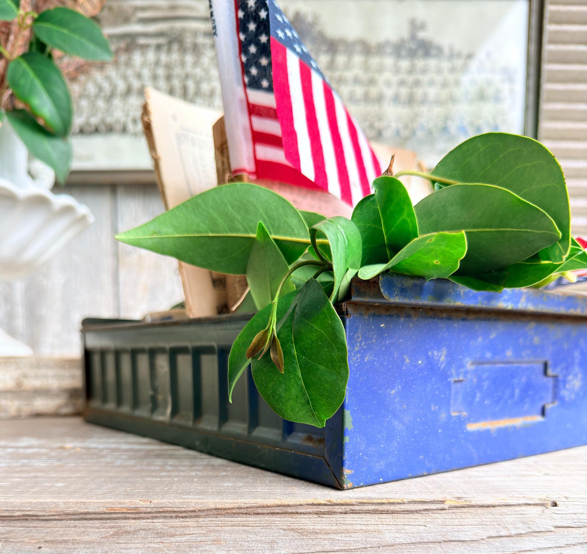 Vintage Blue Metal Drawer Bin – Industrial Storage Tray, Rustic Farmhouse Organizer, Primitive Metal Box