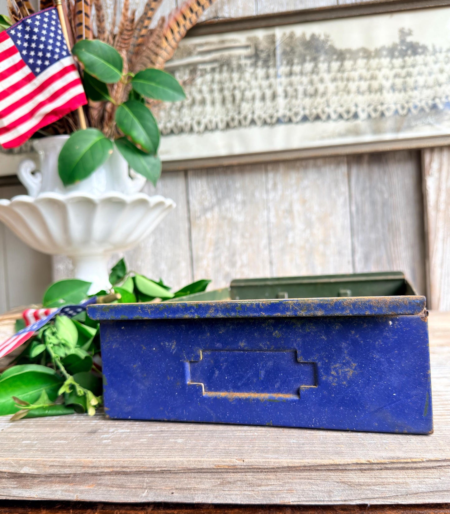 Vintage Blue Metal Drawer Bin – Industrial Storage Tray, Rustic Farmhouse Organizer, Primitive Metal Box